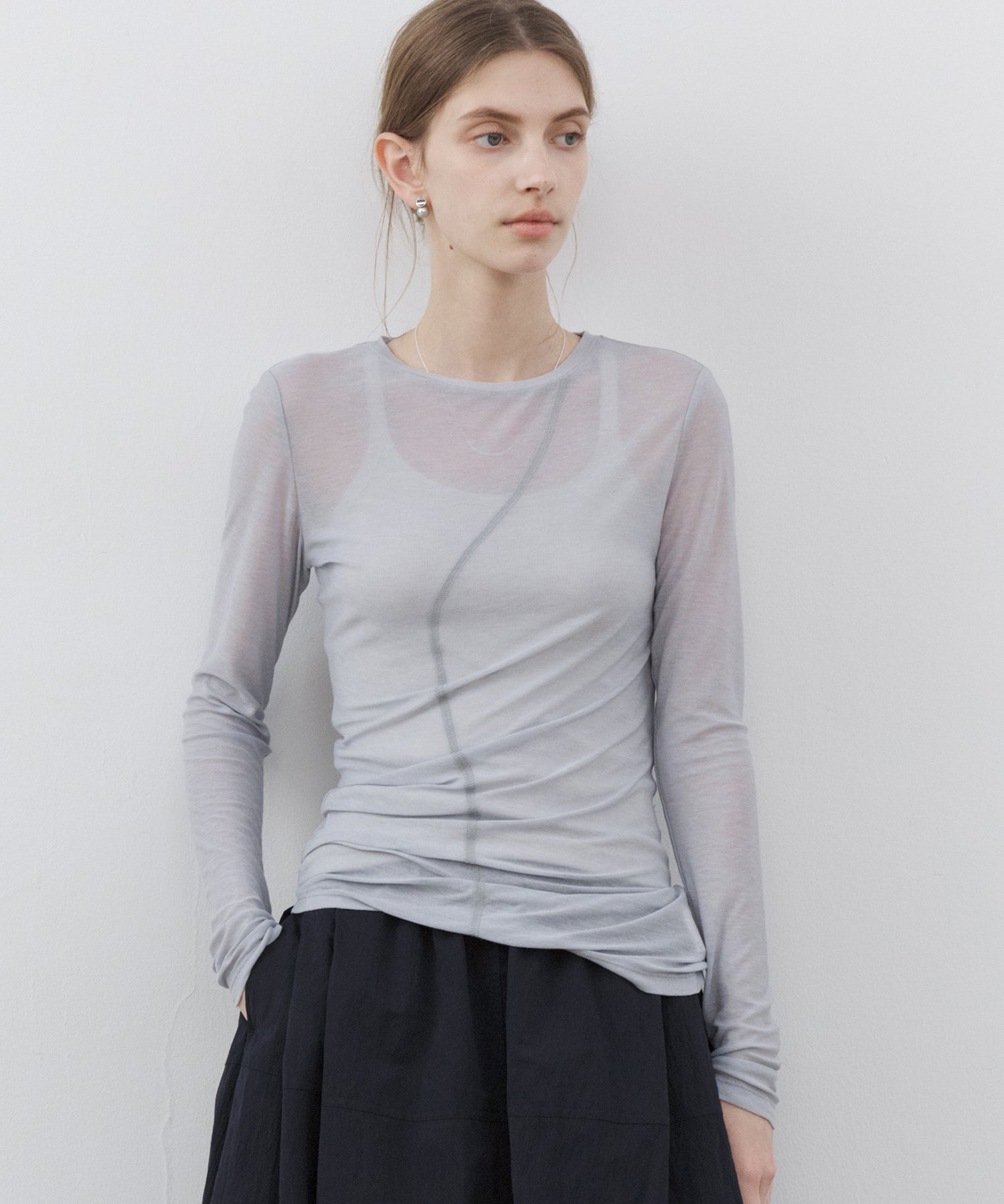 Sheer Asymmetric Stitch Long Sleeve Top