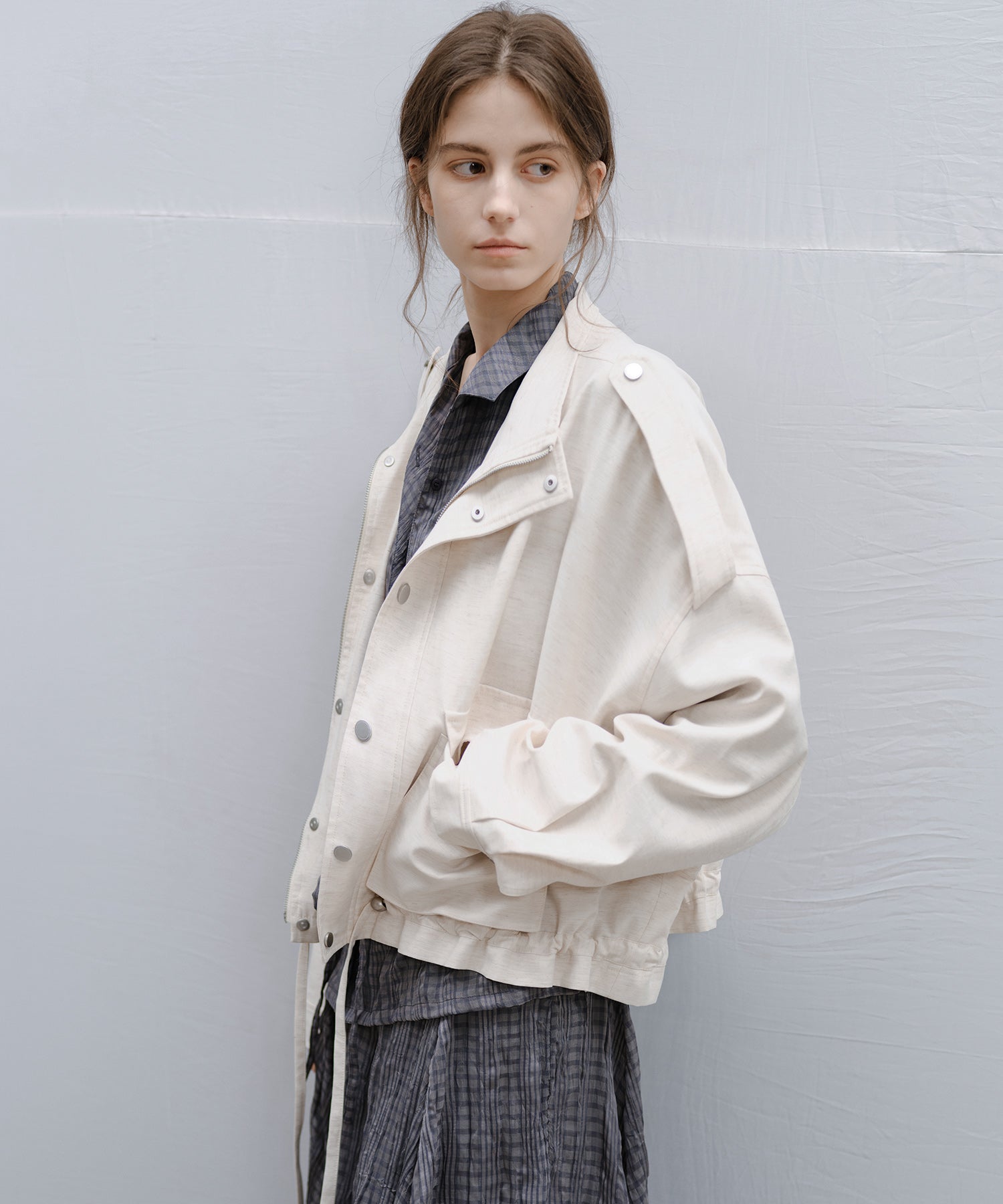 「2月下旬~3月上旬出荷」Stand Collar Check Drawstring Jacket