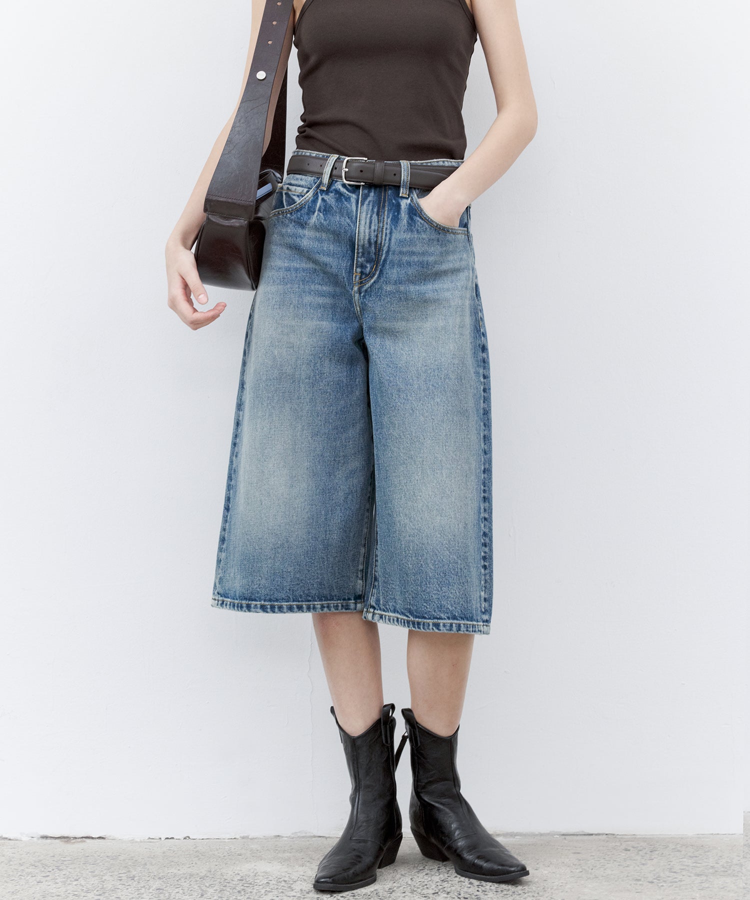 Washed Wide-Leg Denim Shorts