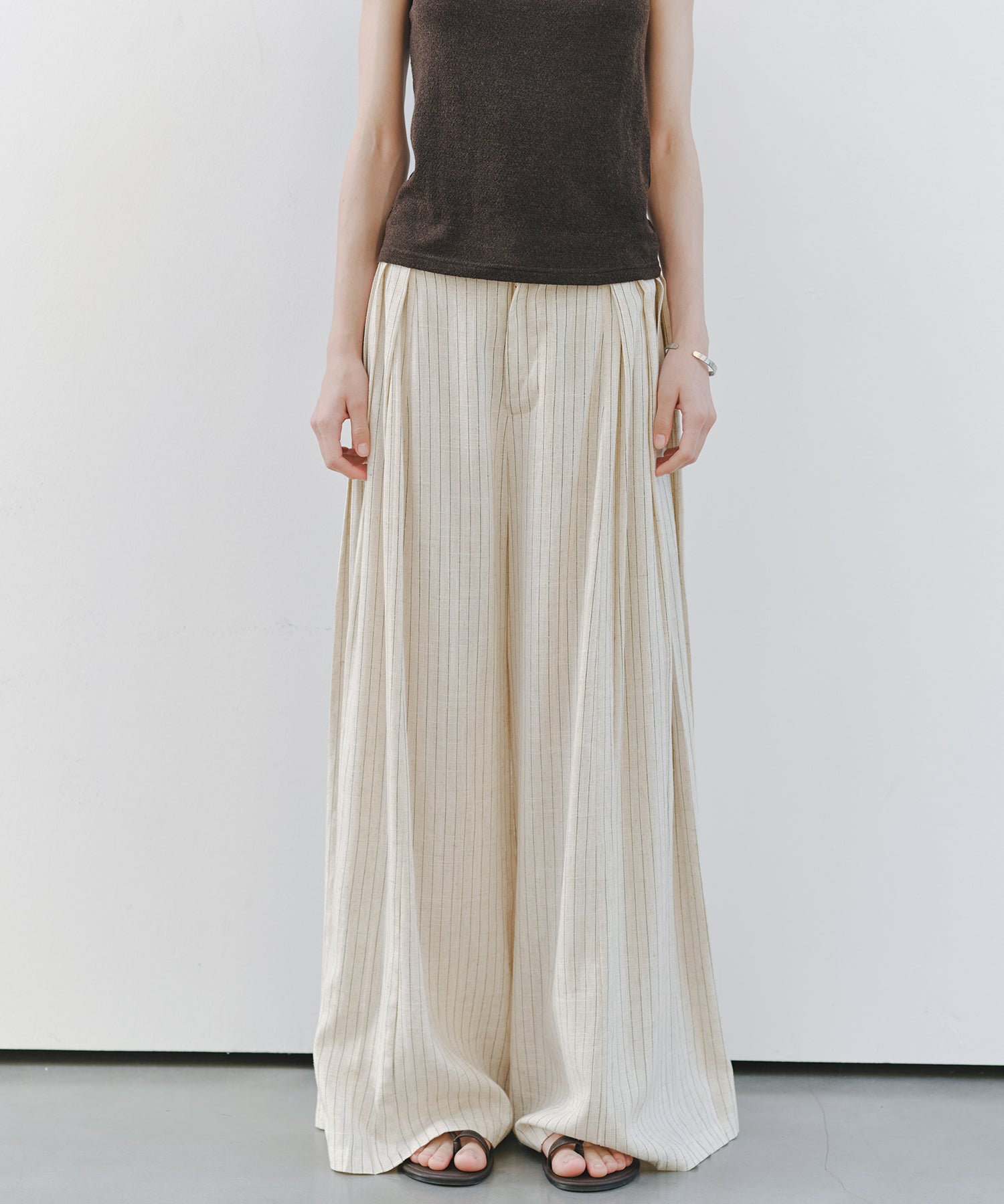 「7月中旬~下旬出荷」Linen Blend Striped Pleated Wide Pants