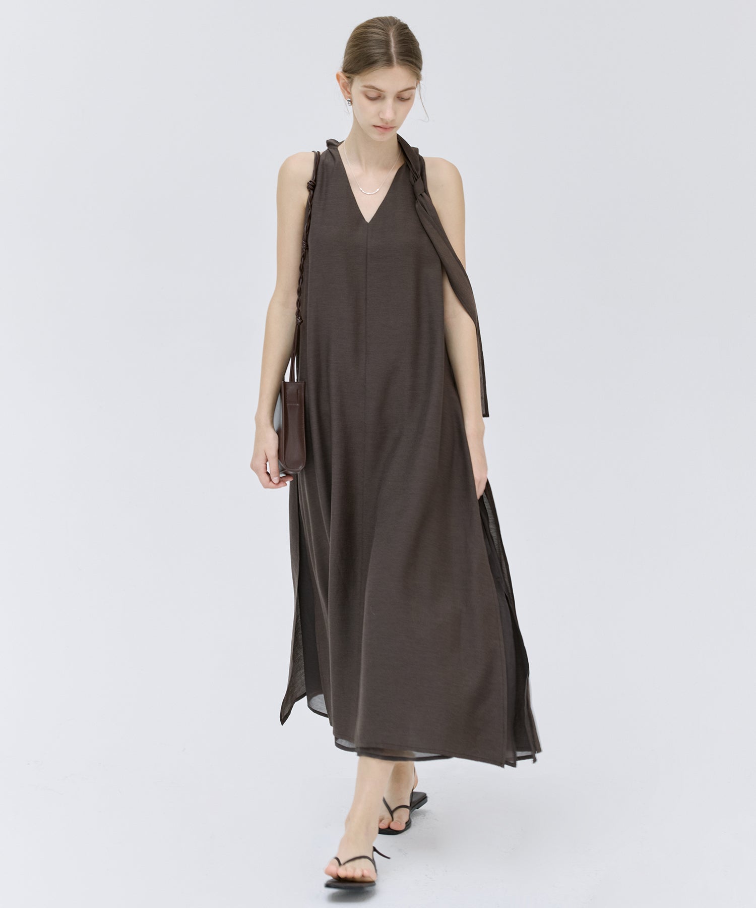 Acetate-Blend V-Neck Ribbon Detail Sleeveless Dress