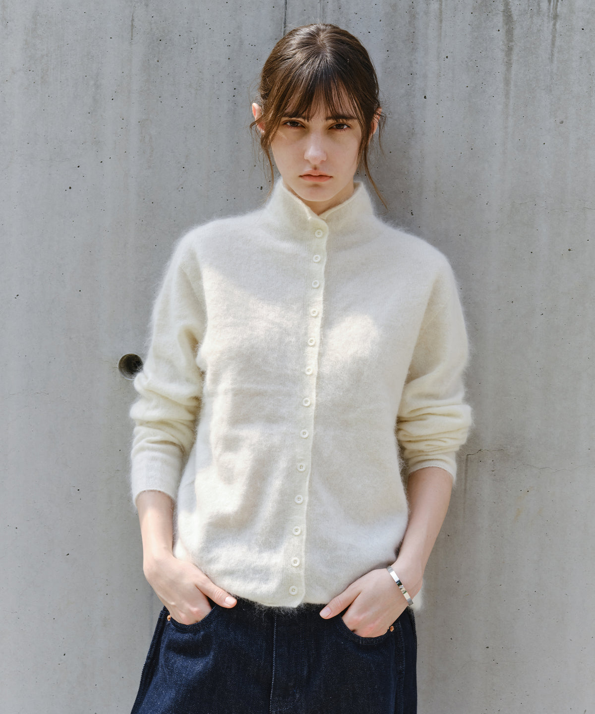 Brushed Cashmere-Blend High Neck Knit Cardigan