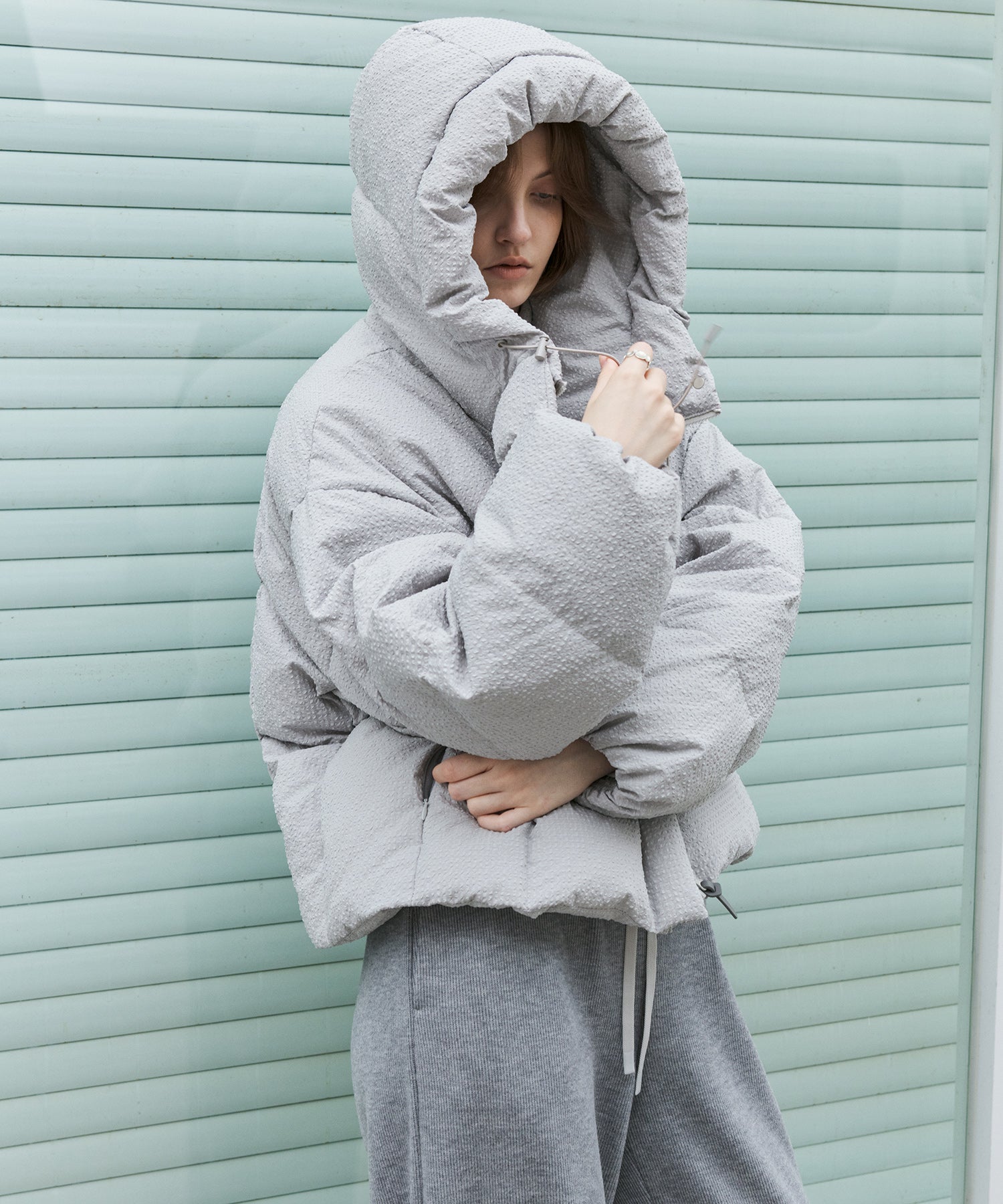 Textured Crinkle Hooded Short Down Jacket