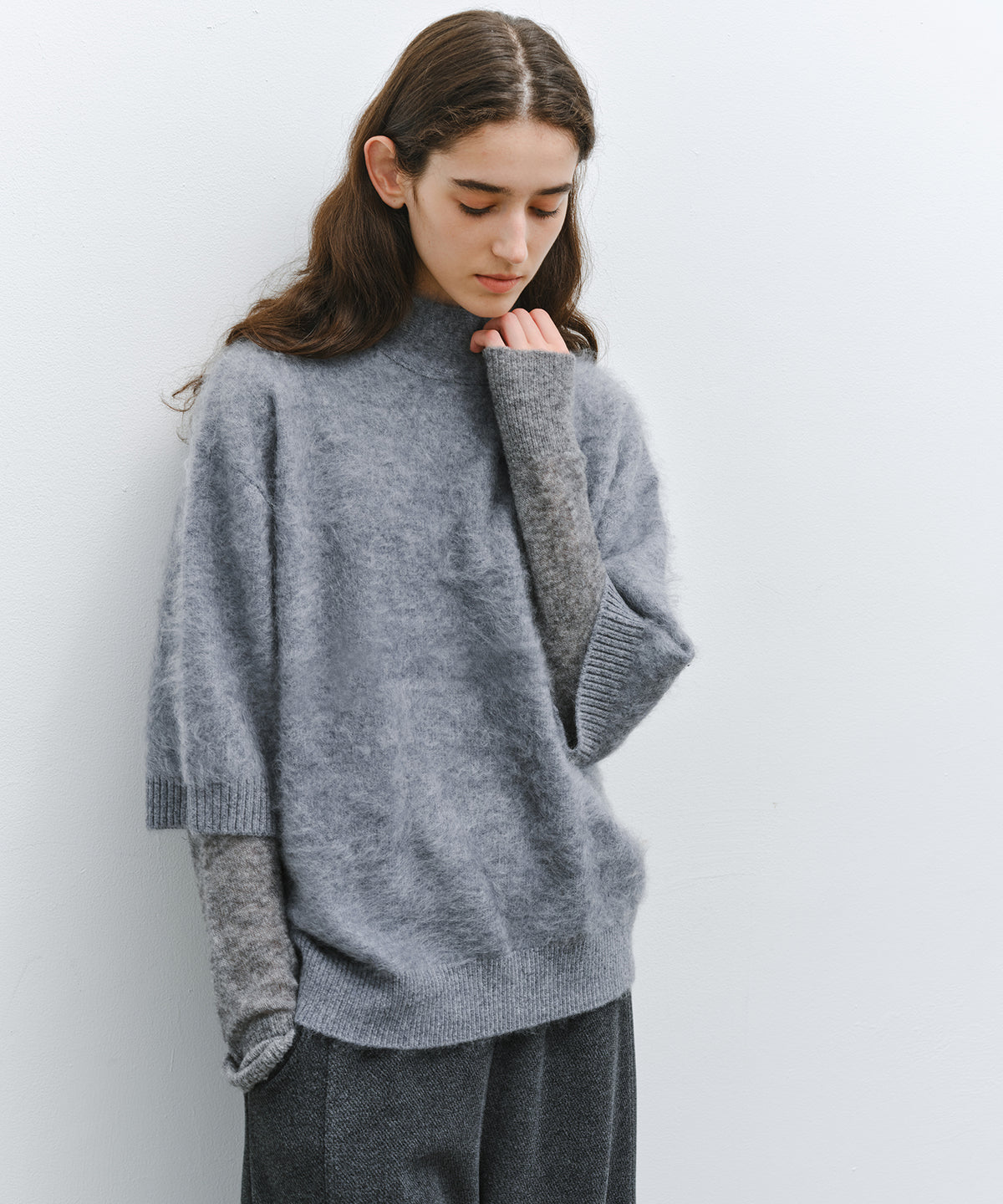 「10月下旬出荷予定」Brushed Cashmere-Blend Half Sleeve Knit Top