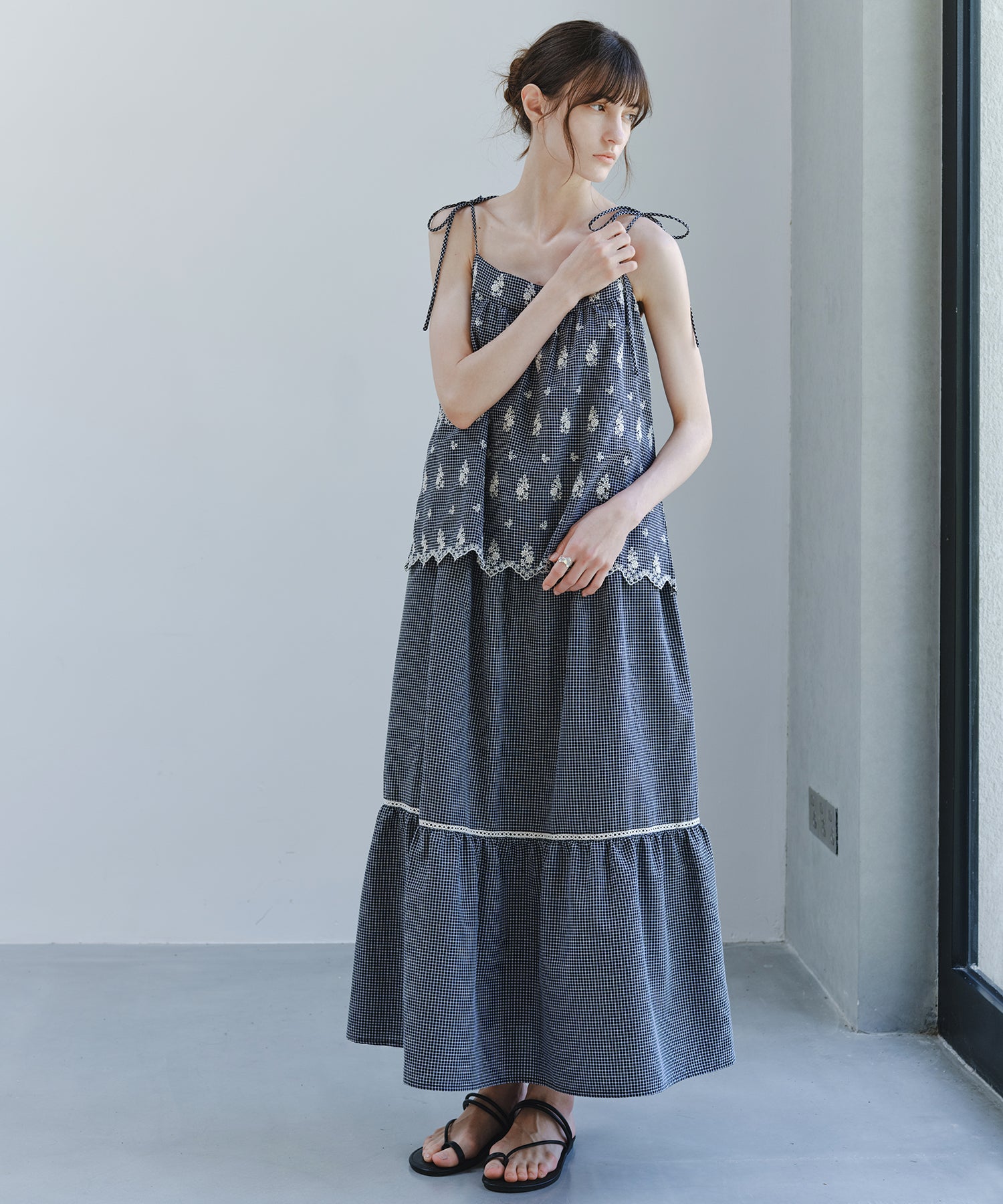 Embroidered Gingham Tiered Cami Dress