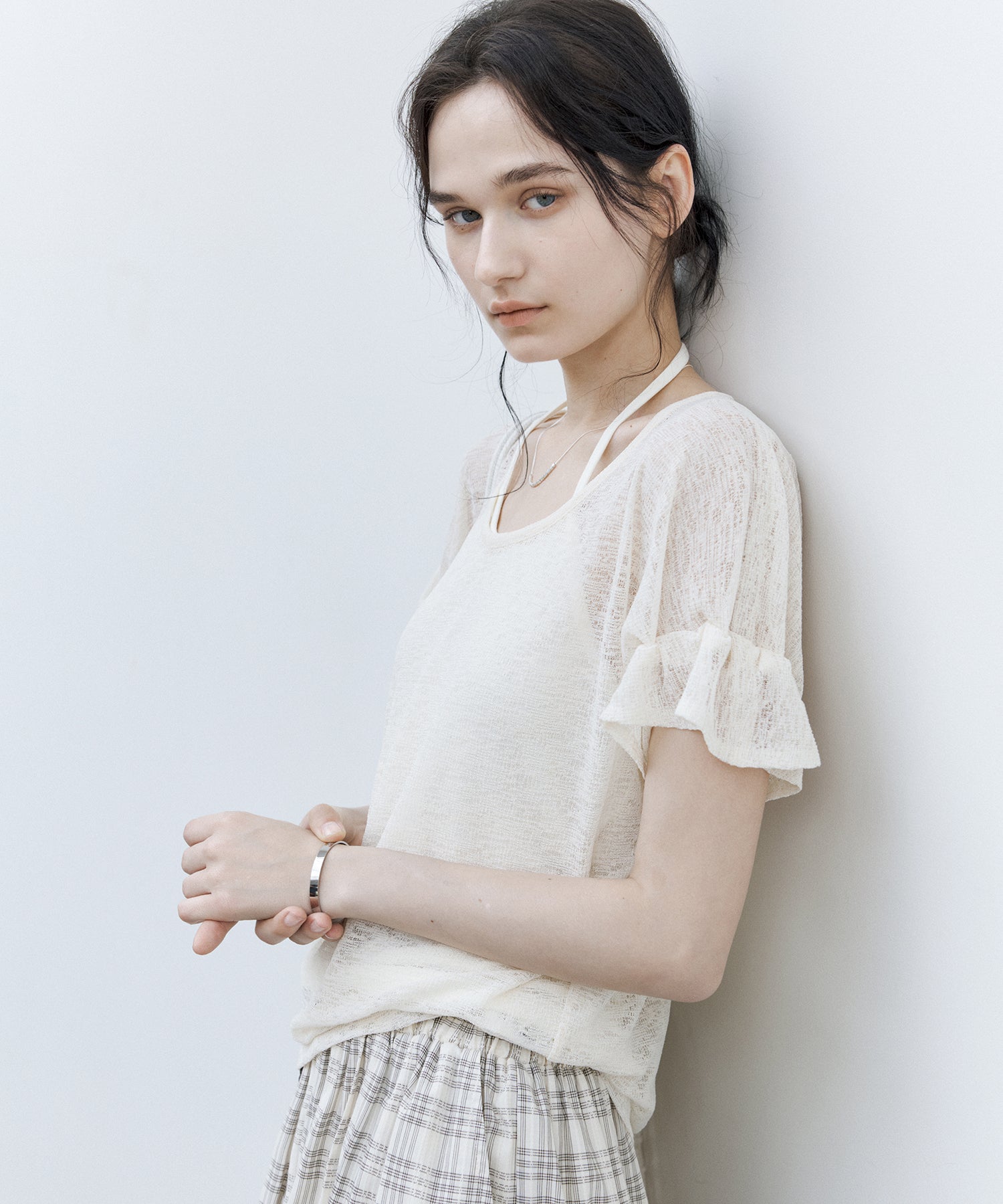 Sheer Gathered Sleeve T-Shirt