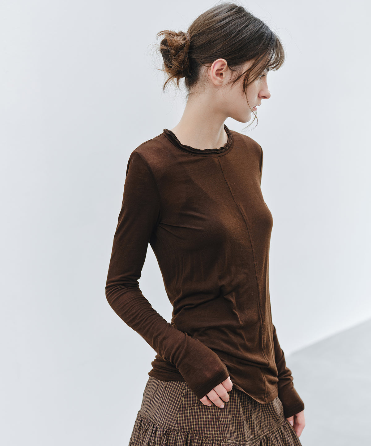 「10月下旬出荷予定」Cashmere-Blend Sheer Mellow Neck Long Sleeve Top