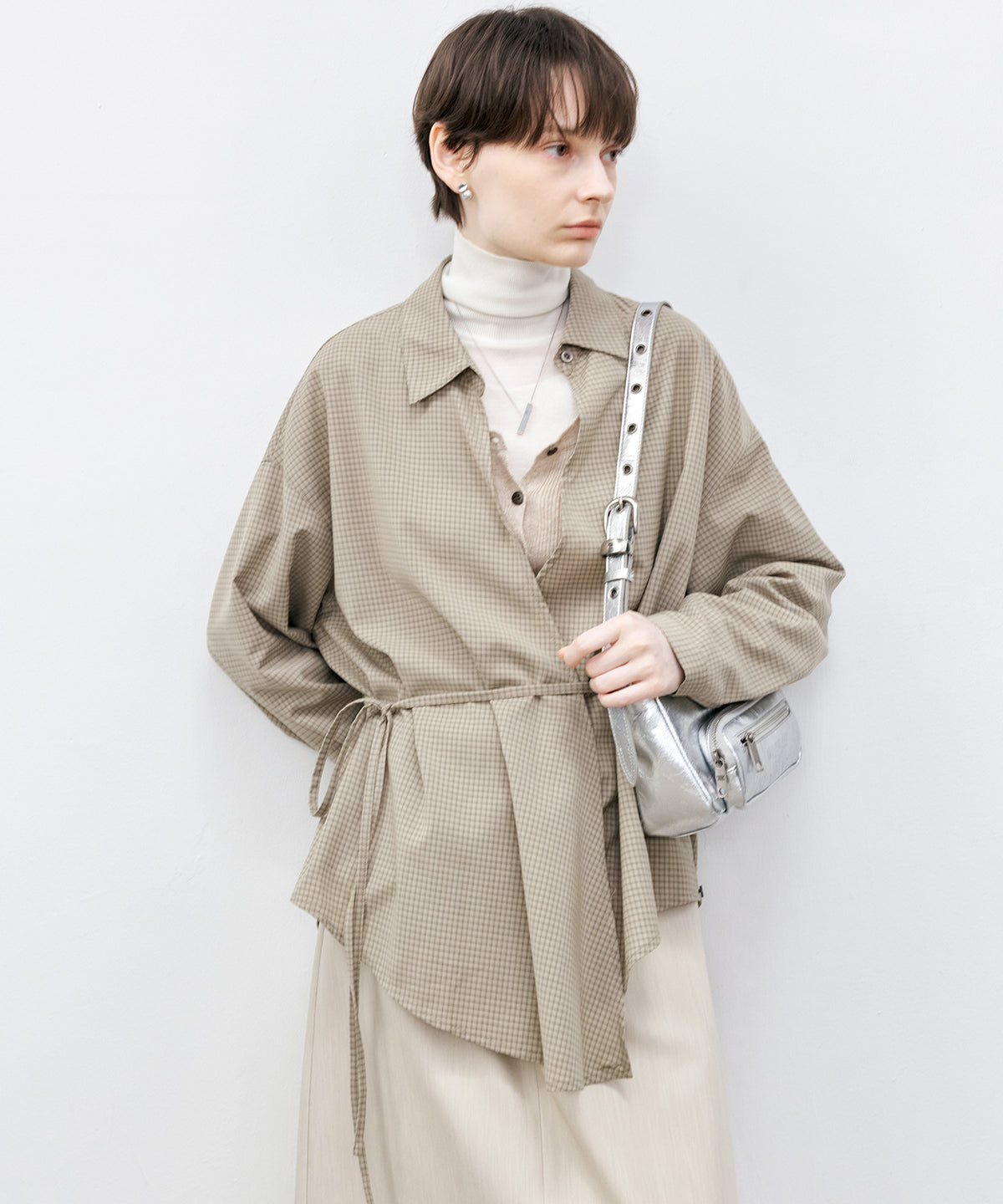 Wrap-Front Waist Tie Design Shirt