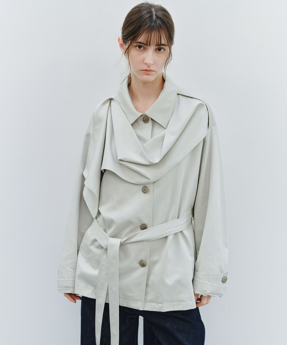 「9月下旬出荷予定」Detachable Scarf Belted Short Trench Coat
