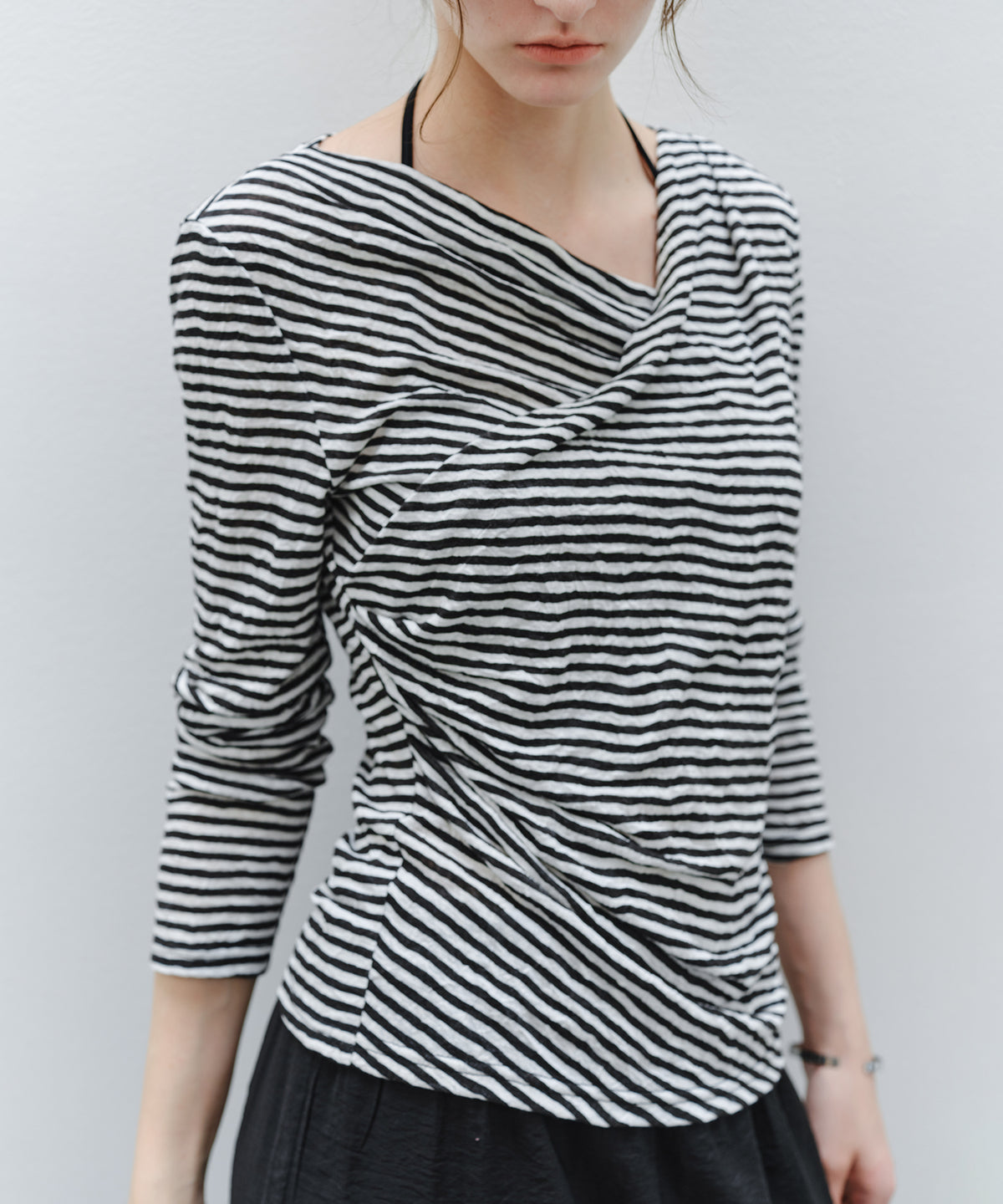 「9月下旬出荷予定」Cross Drape Neck Striped Long Sleeve Top