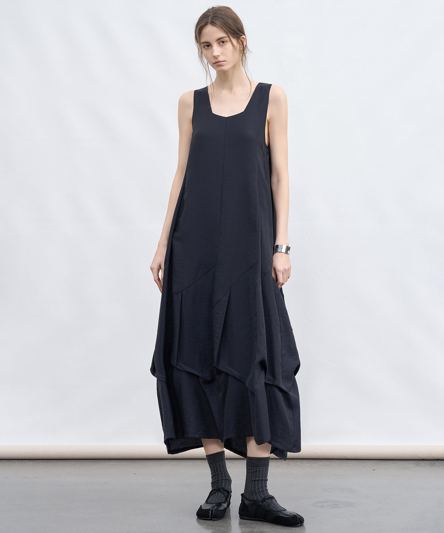 Sculpted A-line Sleeveless Dress with Draped Panels