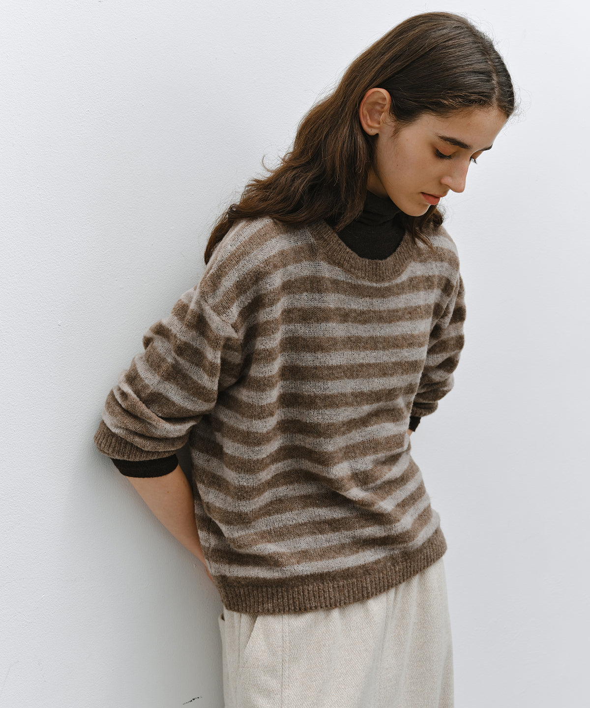 「10月下旬出荷予定」Sheer Wool-Blend Border Knit Pullover