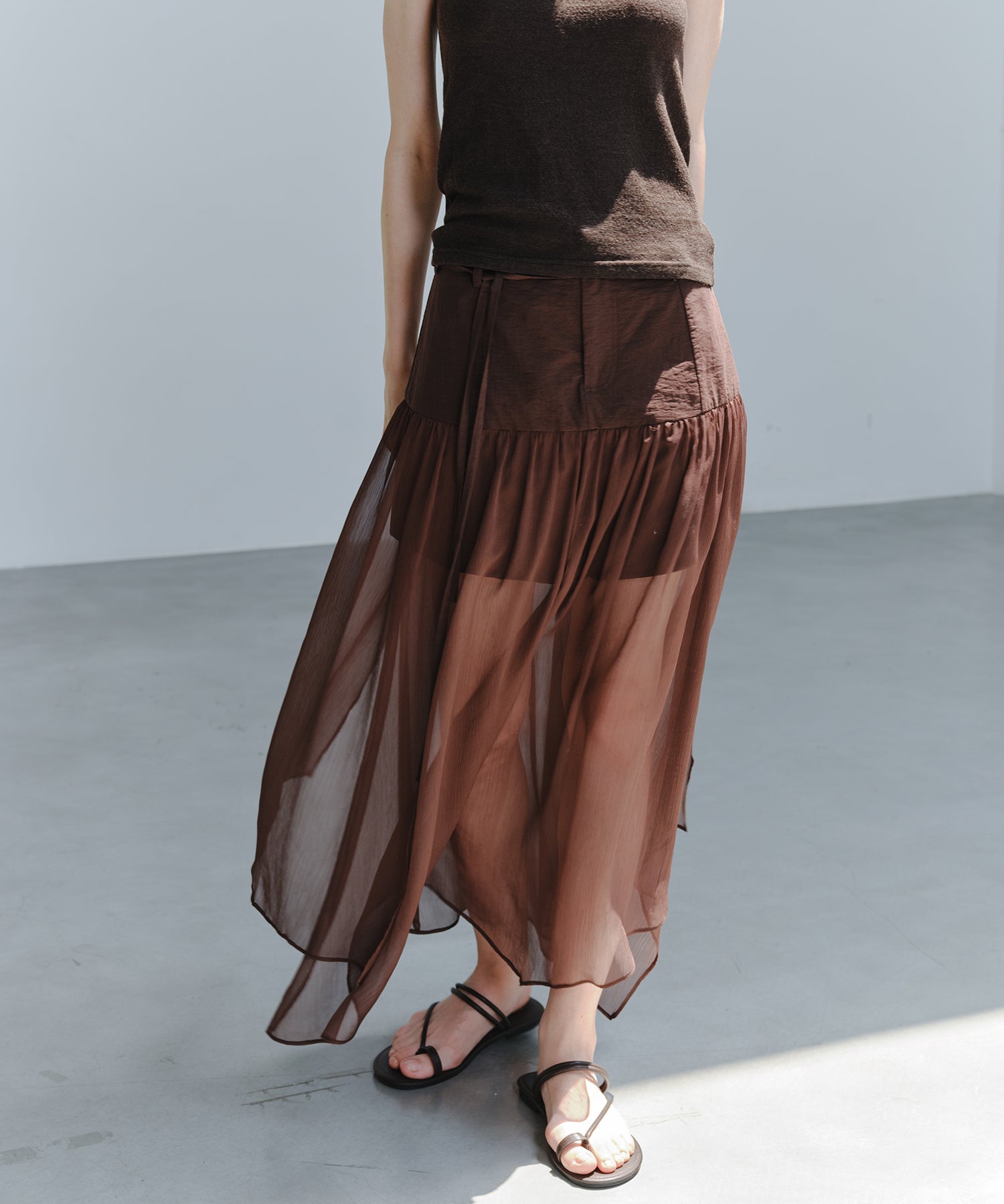 「8月中旬~下旬出荷」Sheer Layered Draped Long Skirt