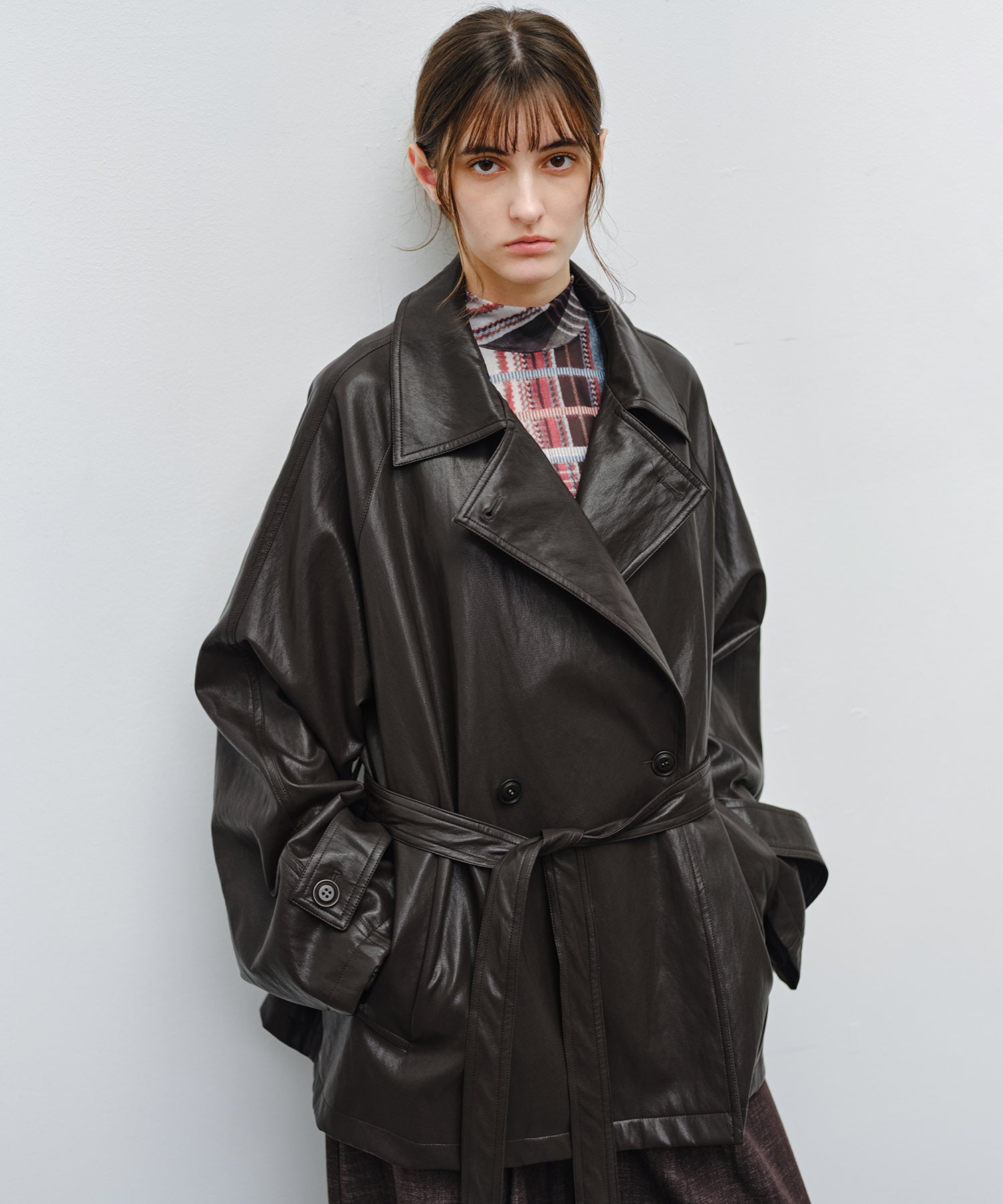 「9月下旬出荷予定」Belted Faux Leather Short Trench Jacket
