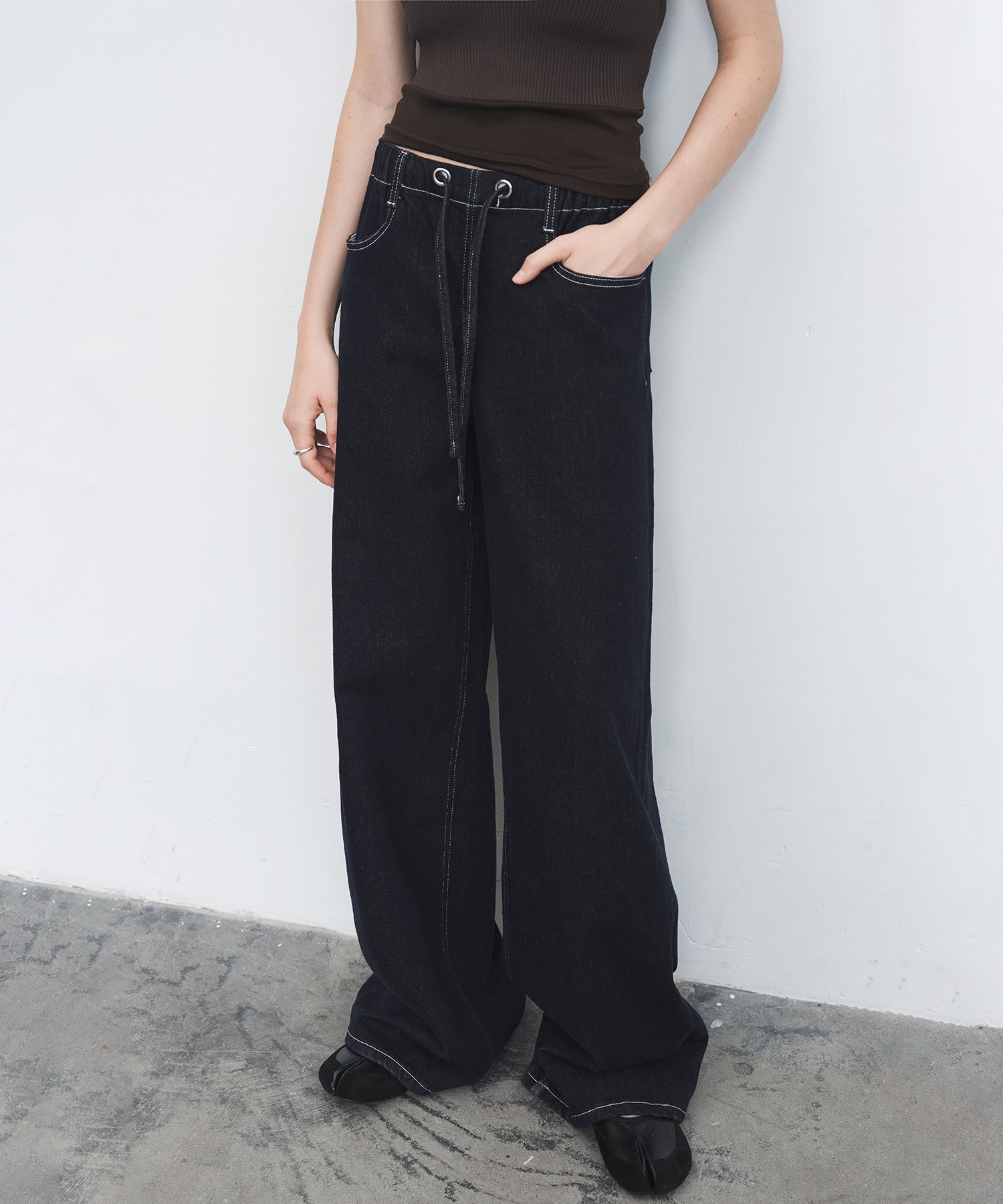 Drawstring Straight Washed Denim Pants
