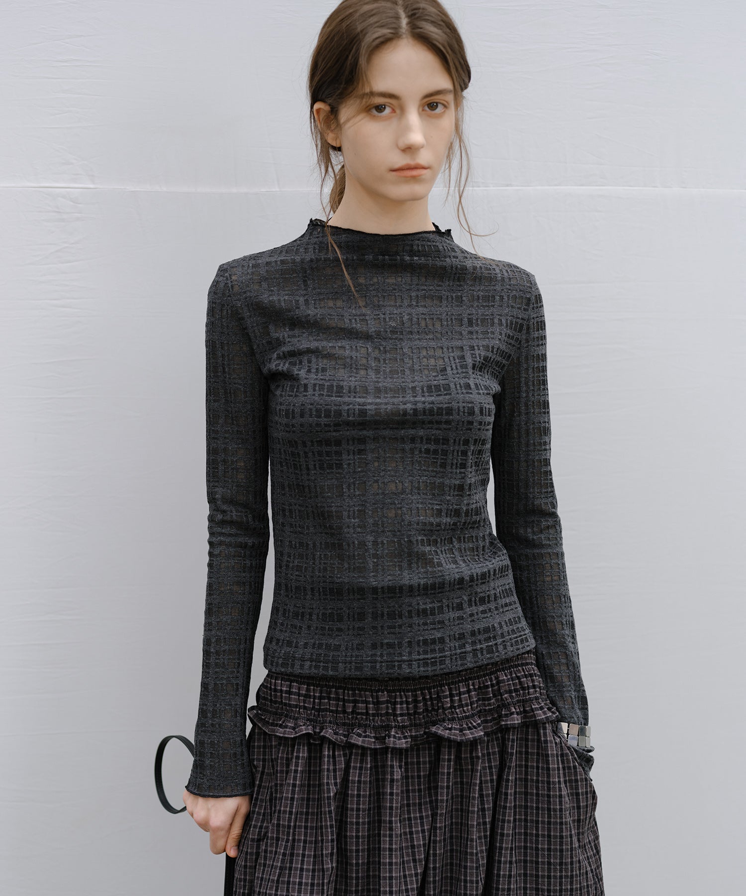 "Shipping from early to mid-March" Check Pattern Sheer Mesh Long Sleeve Top