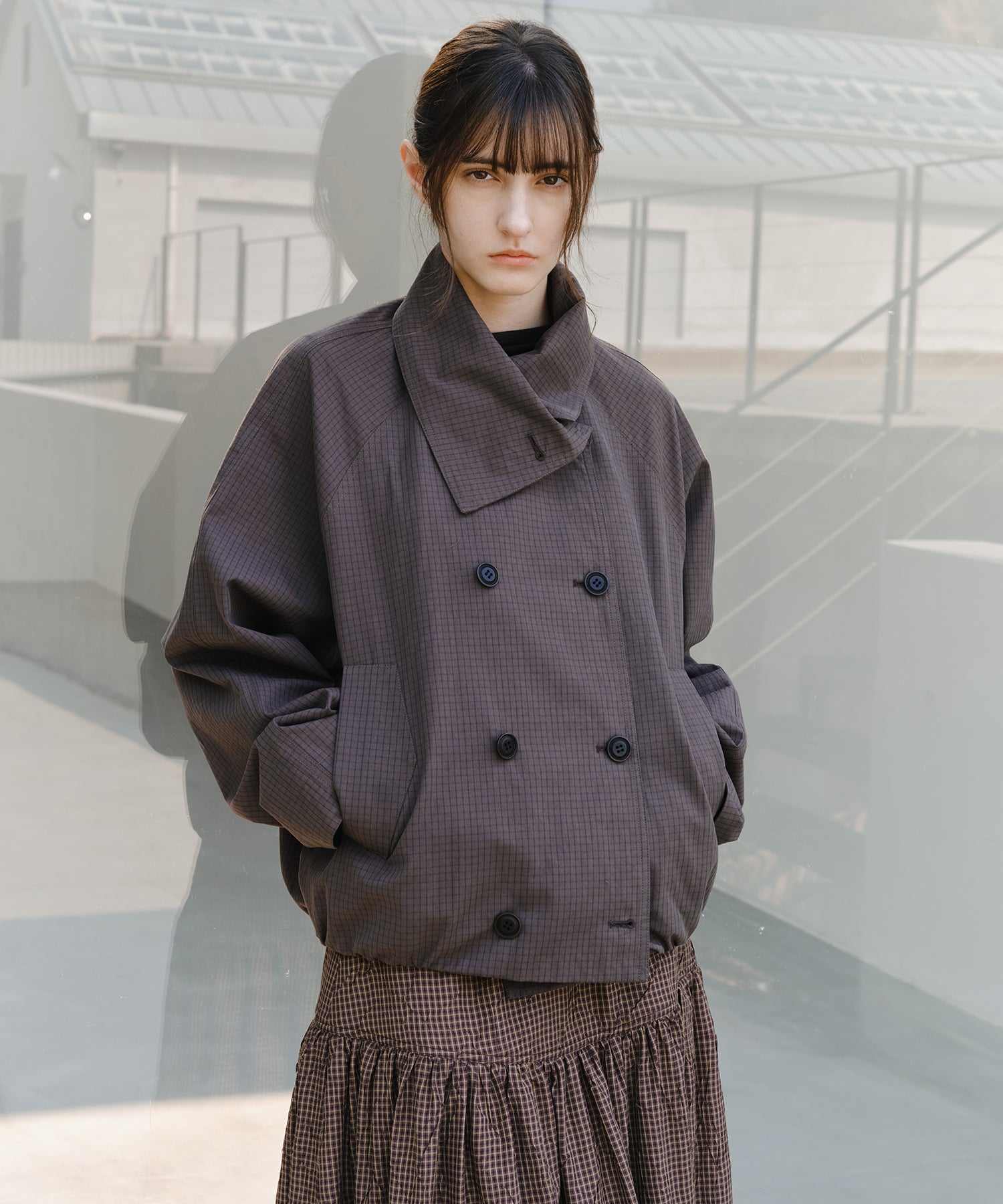 「2월 하순~3월 상순 출하」Double-Breasted Check Cropped Jacket