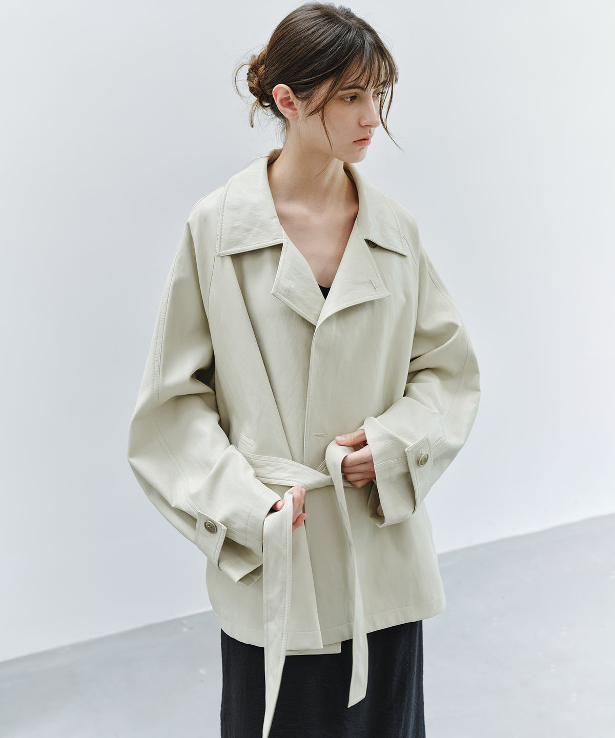 「9月下旬出荷予定」Belted Faux Leather Short Trench Jacket