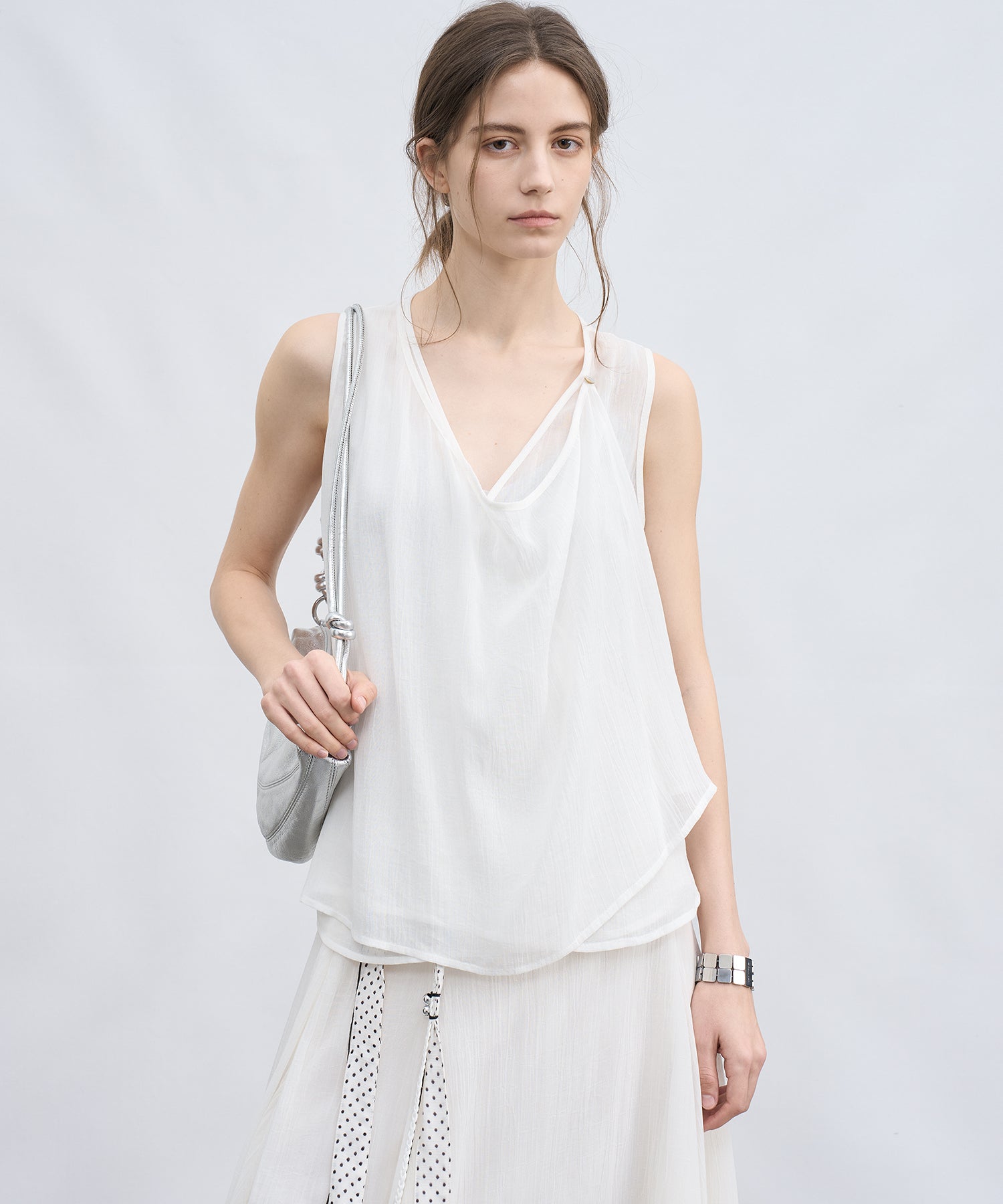 「5月中旬~下旬出荷」Layered Drape Lyocell Sheer Tank Top
