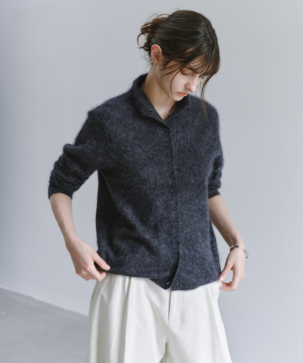 Brushed Cashmere-Blend High Neck Knit Cardigan