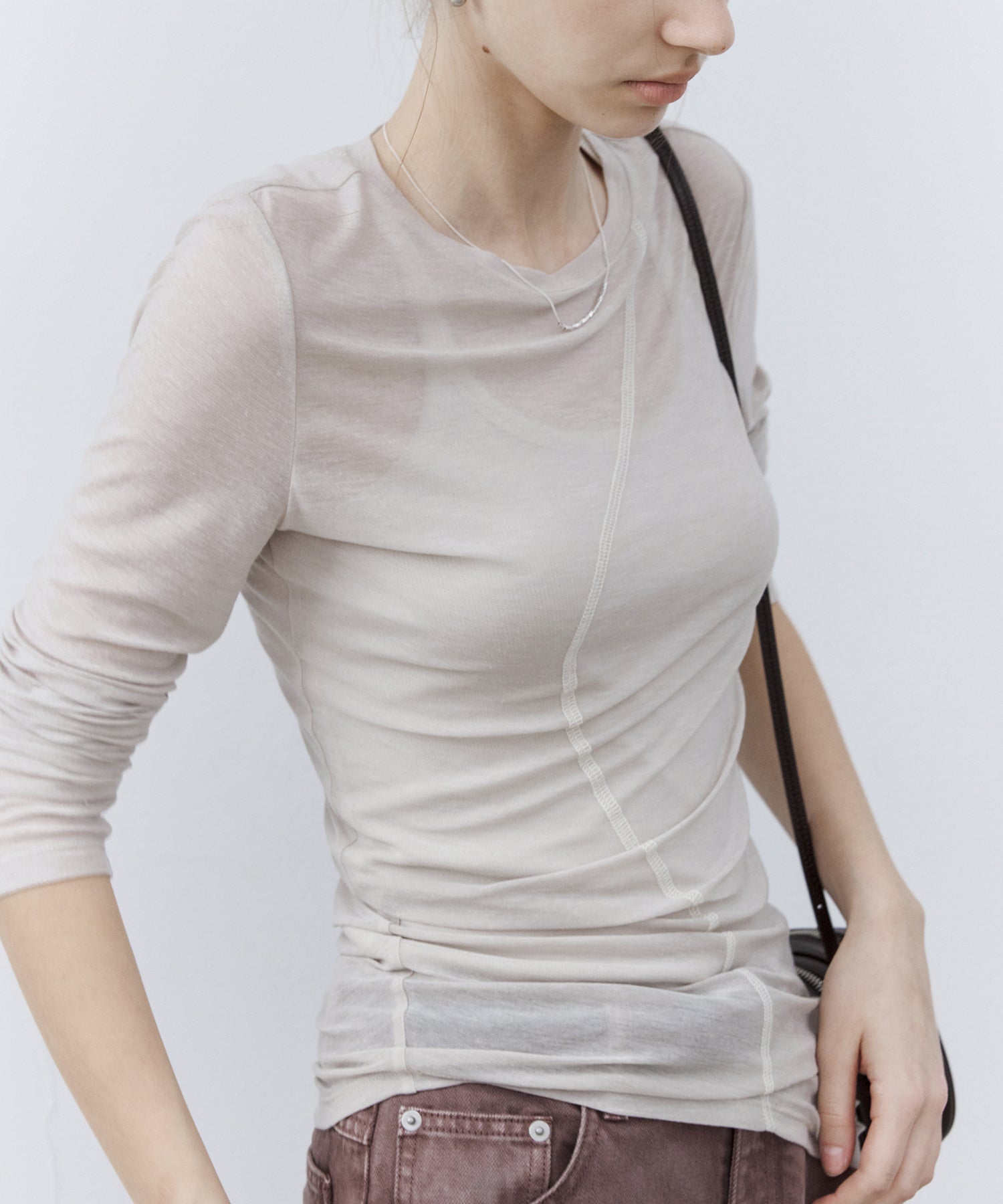 Sheer Asymmetric Stitch Long Sleeve Top