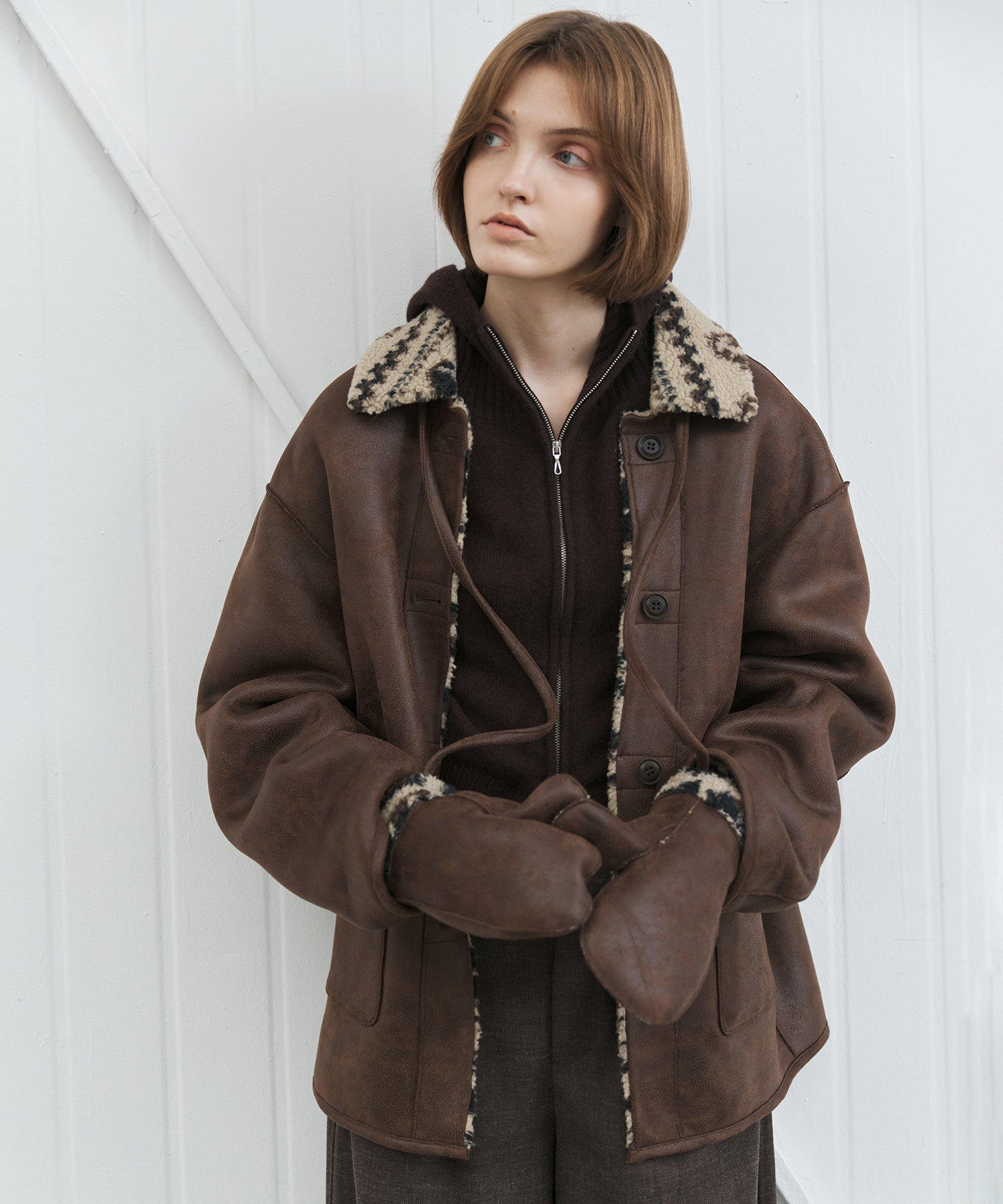 Fair Isle Faux Shearling Jacket with Gloves