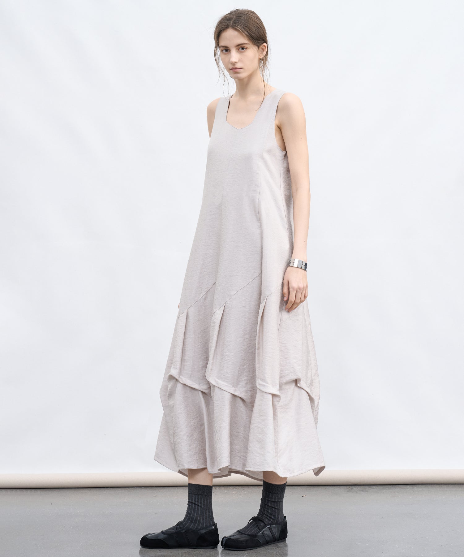 Sculpted A-line Sleeveless Dress with Draped Panels