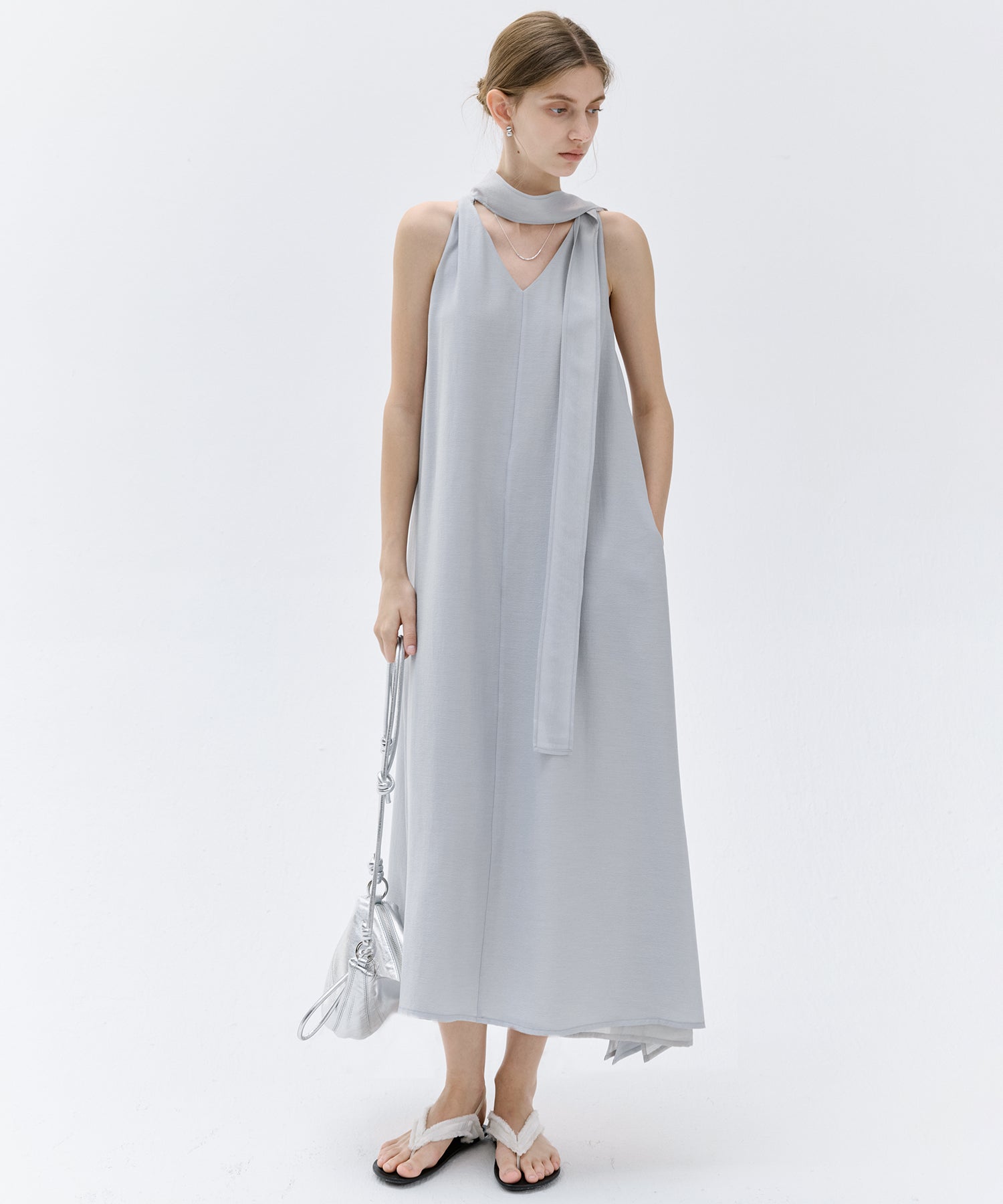 Acetate-Blend V-Neck Ribbon Detail Sleeveless Dress