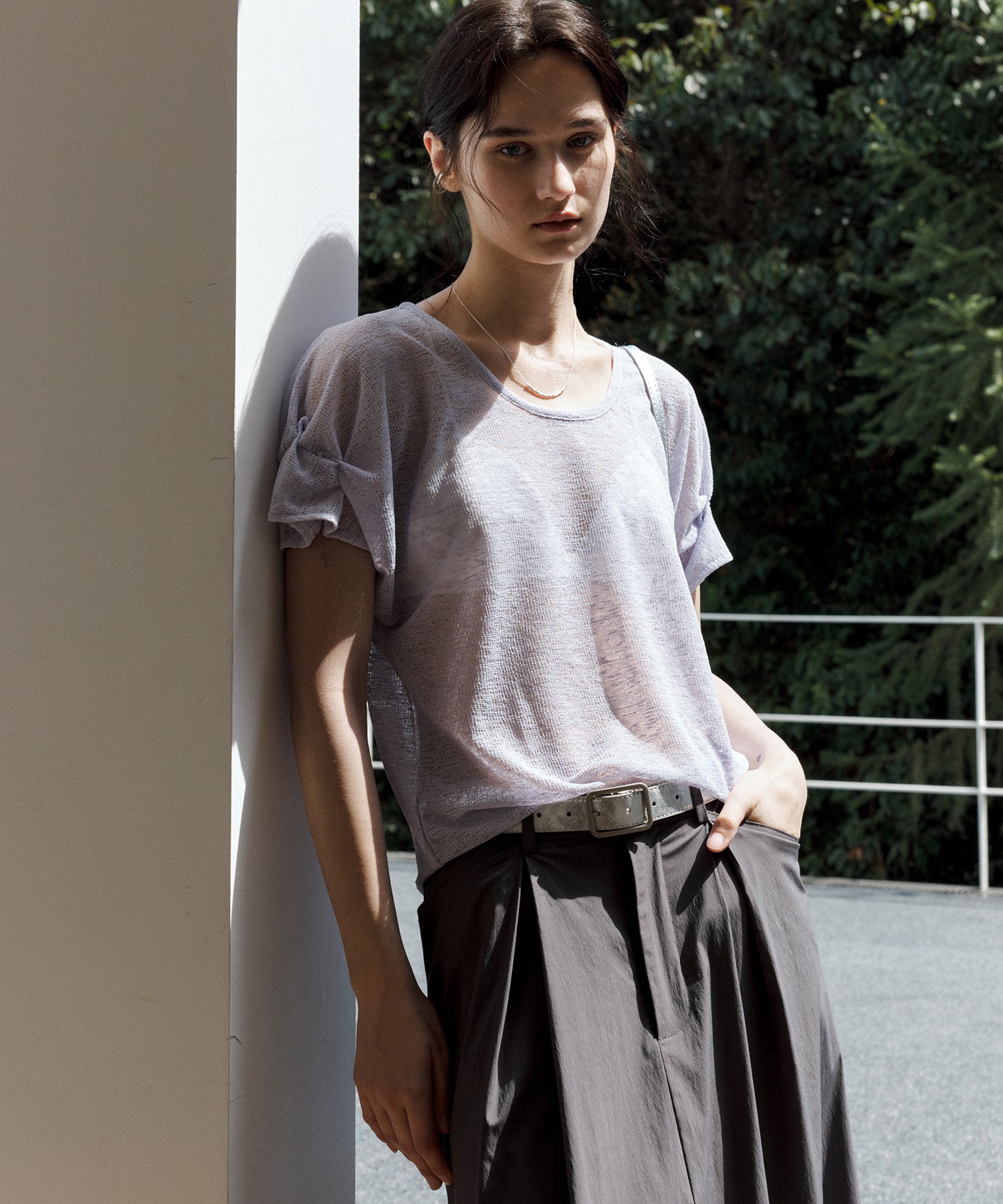 Sheer Gathered Sleeve T-Shirt