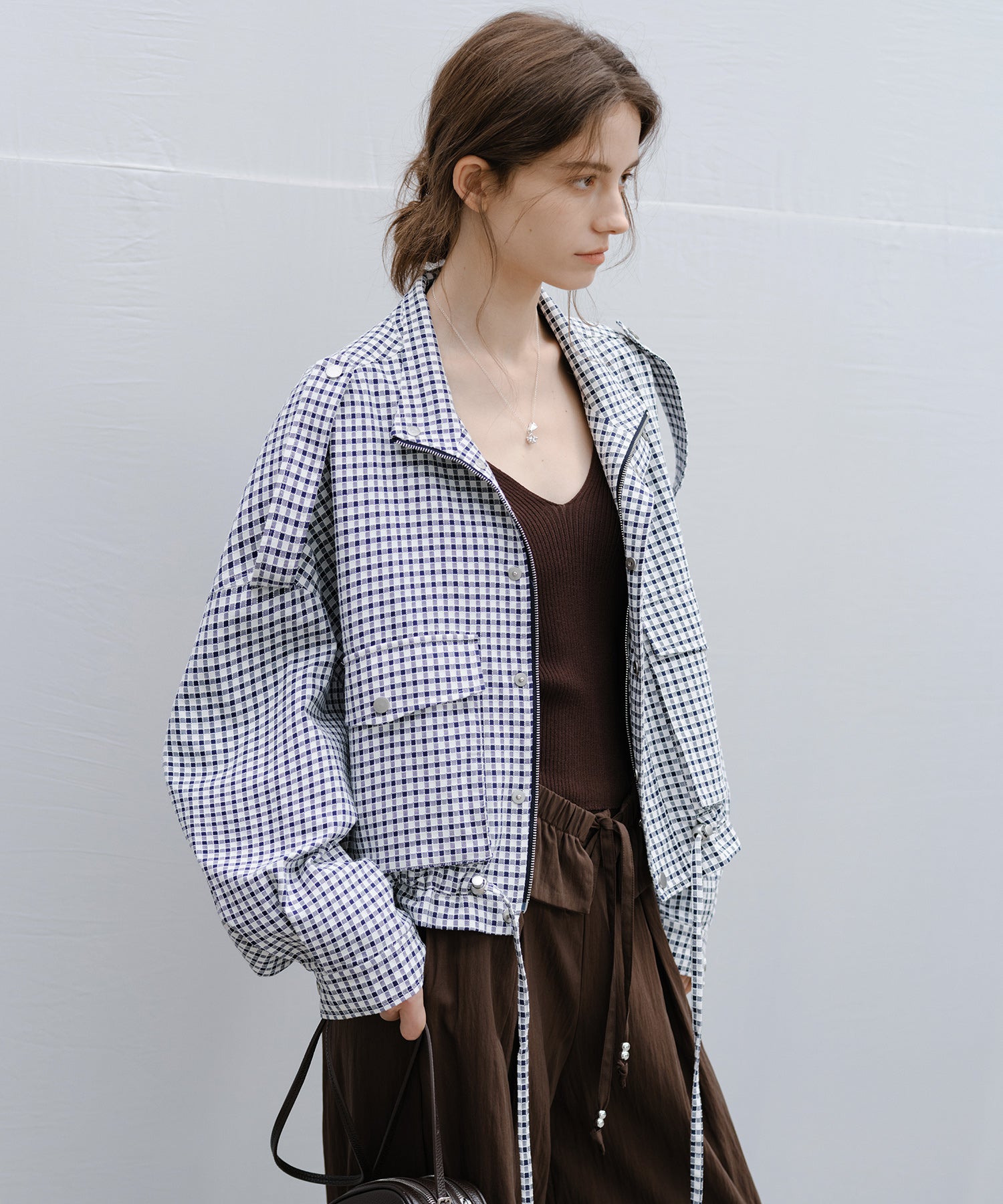 「2月下旬~3月上旬出荷」Stand Collar Check Drawstring Jacket