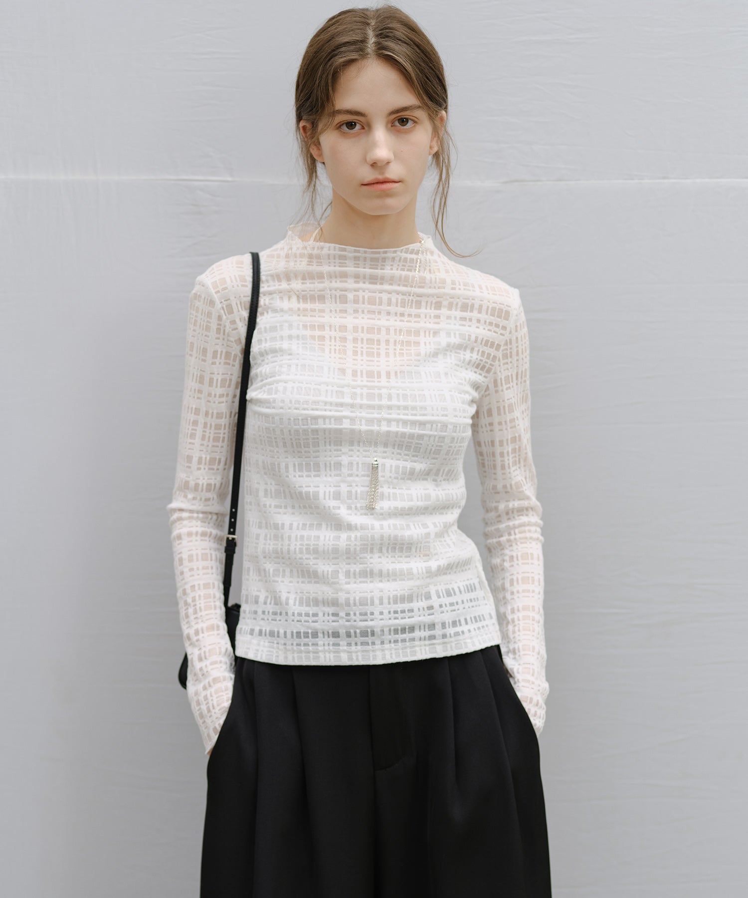 「3月上旬~中旬出荷」Check Pattern Sheer Mesh Long Sleeve Top