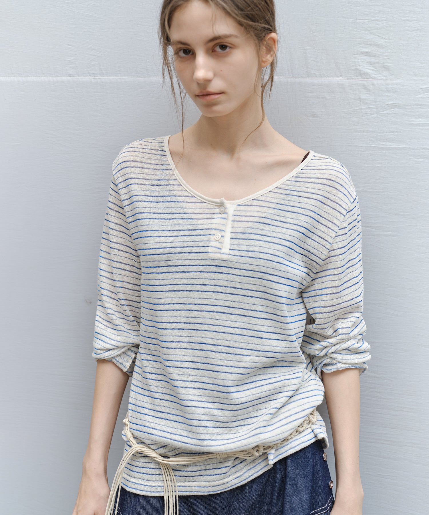 「4月中旬~下旬出荷」Sheer Stripe U-Neck Long Sleeve T-Shirt