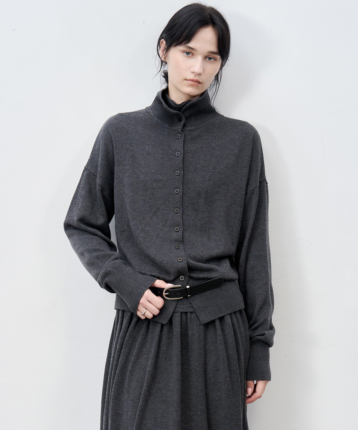 High Neck Lightweight Knit Cardigan Sweater