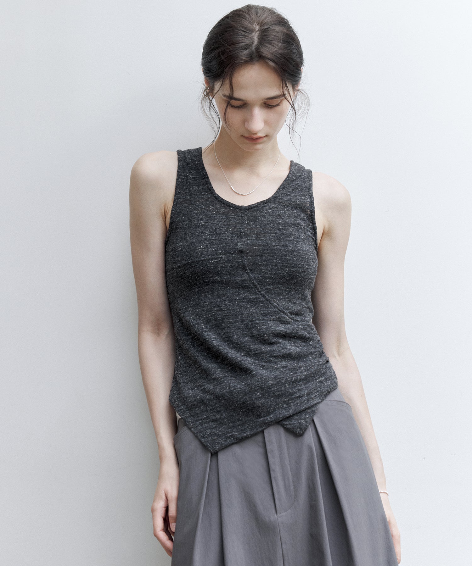 Asymmetric Gather Linen Blend Tank Top