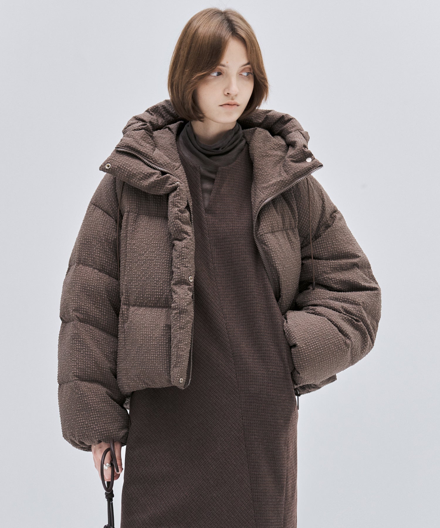 Textured Crinkle Hooded Short Down Jacket