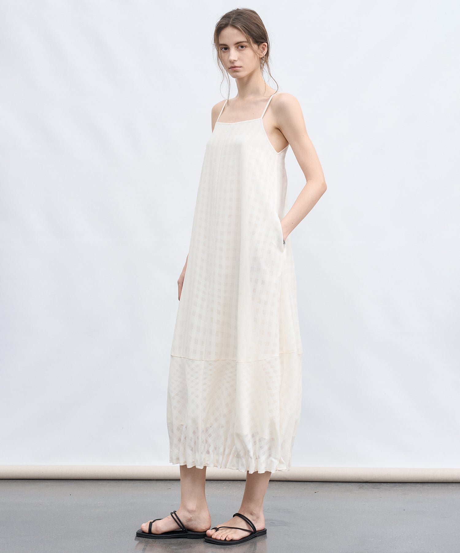 Check Jacquard Balloon Hem Camisole Long Dress