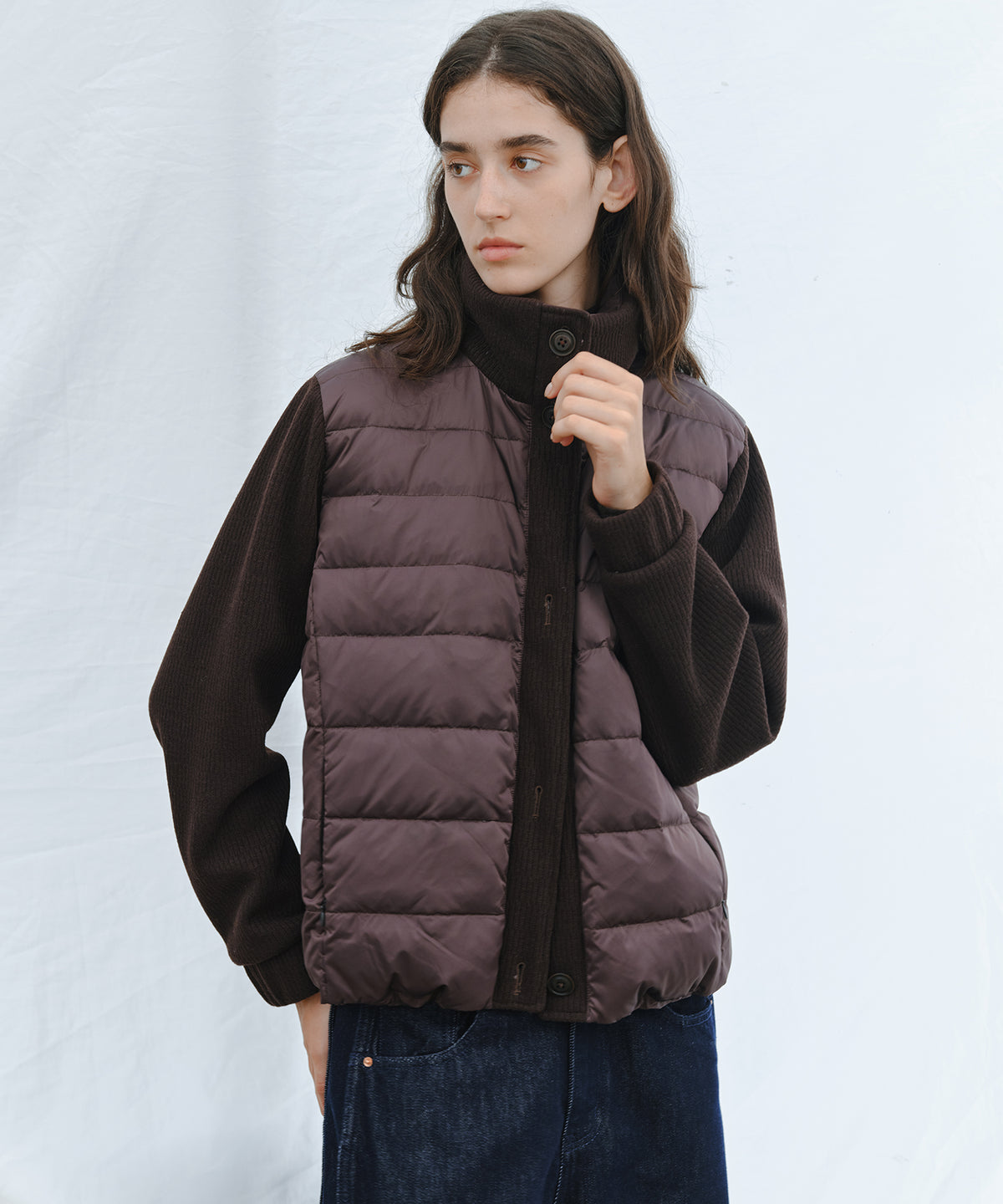 「10月下旬出荷予定」Knit Sleeve Panelled Lightweight Short Down Jacket