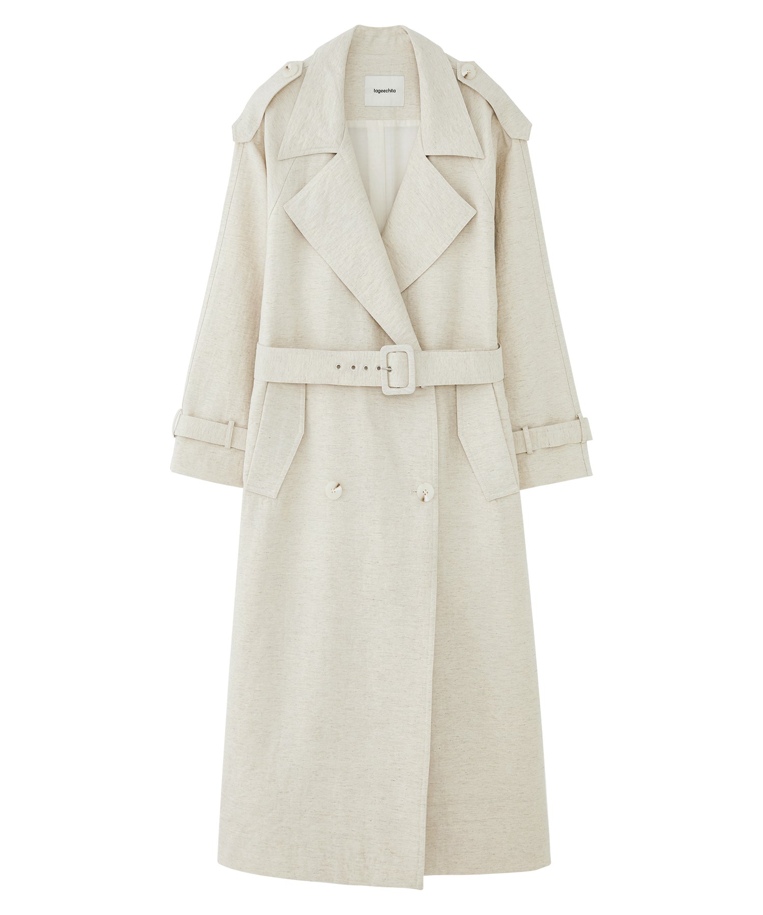 Linen Blend Double-Breasted Long Trench Coat with Epaulettes and Belt