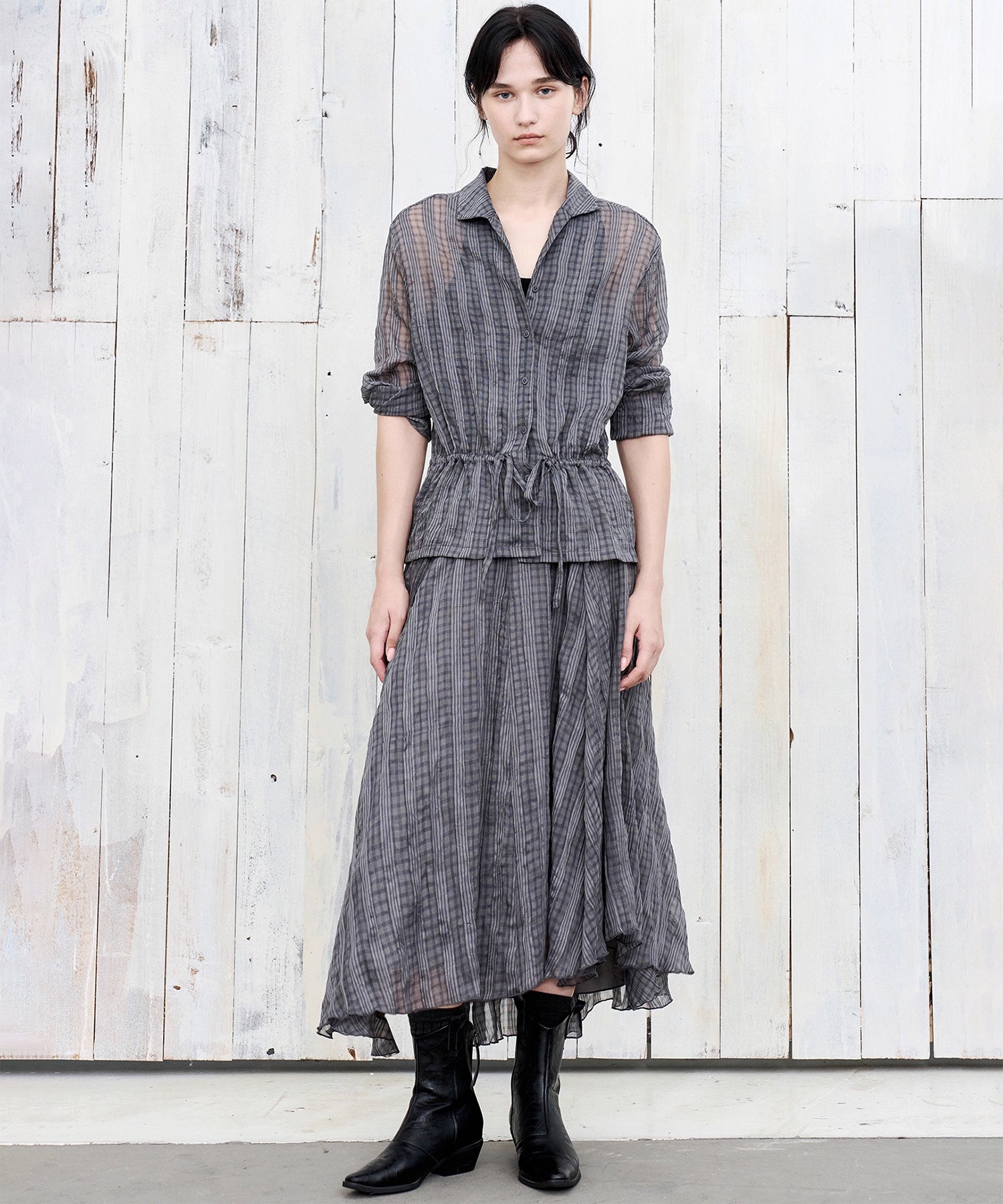 Asymmetric Hem Crinkled Check Midi Skirt – A-Line Silhouette