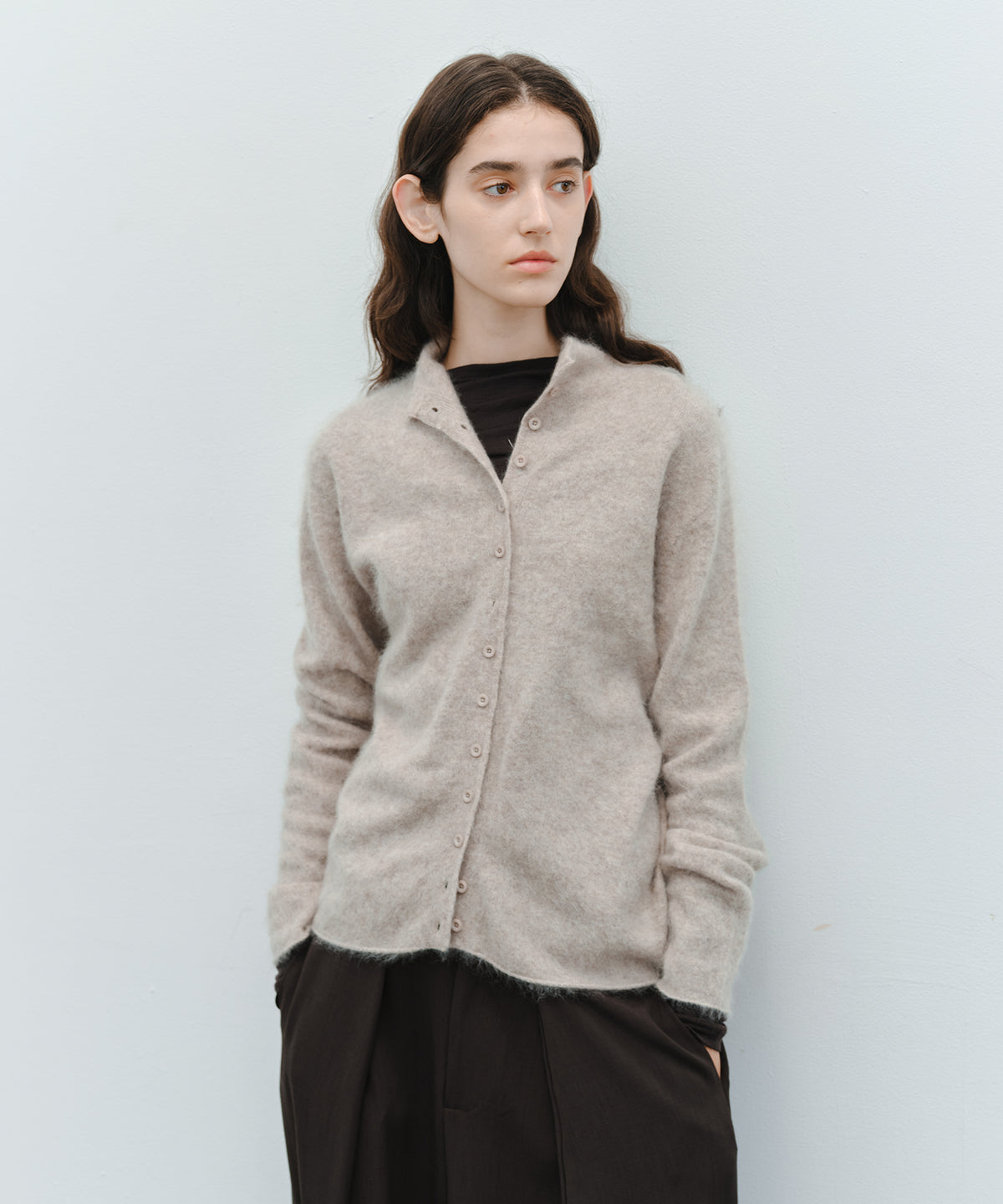Brushed Cashmere-Blend High Neck Knit Cardigan