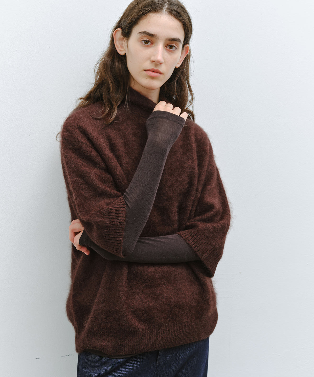 「10月下旬出荷予定」Brushed Cashmere-Blend Half Sleeve Knit Top