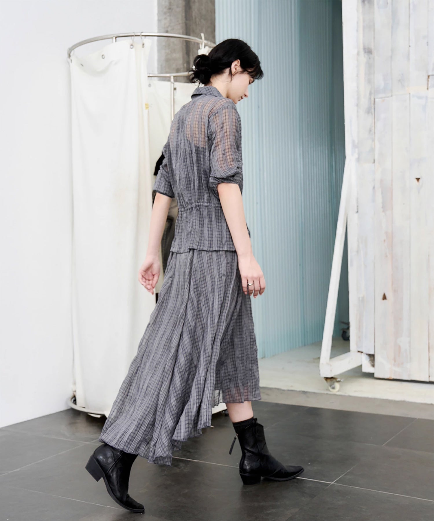 Asymmetric Hem Crinkled Check Midi Skirt – A-Line Silhouette