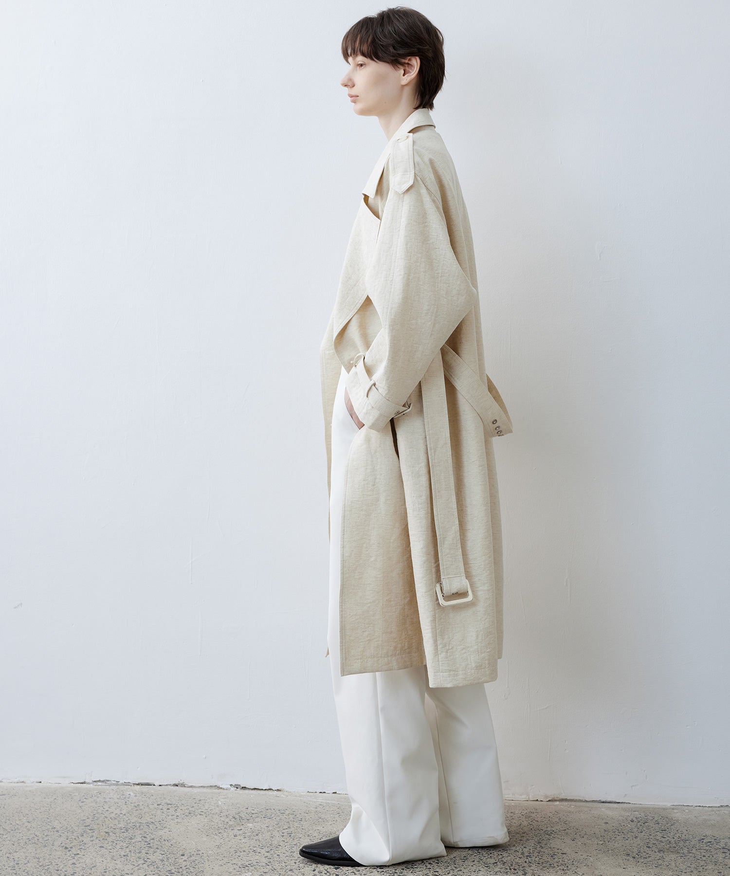 Linen Blend Double-Breasted Long Trench Coat with Epaulettes and Belt
