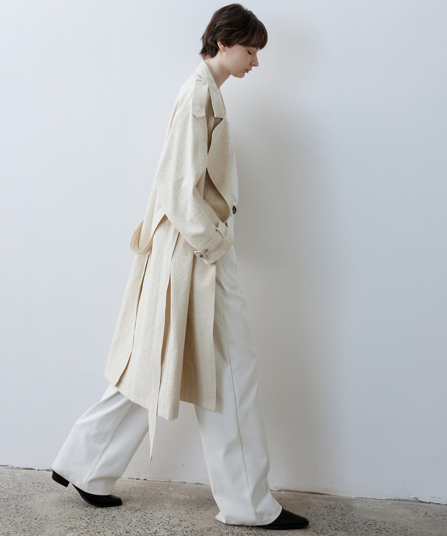 Linen Blend Double-Breasted Long Trench Coat with Epaulettes and Belt