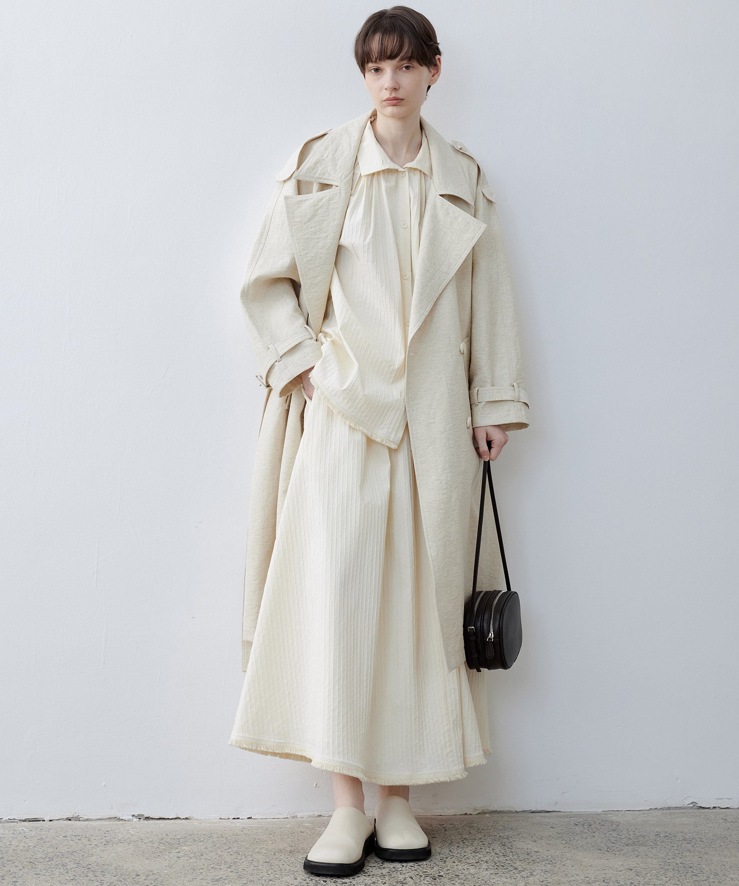 Linen Blend Double-Breasted Long Trench Coat with Epaulettes and Belt