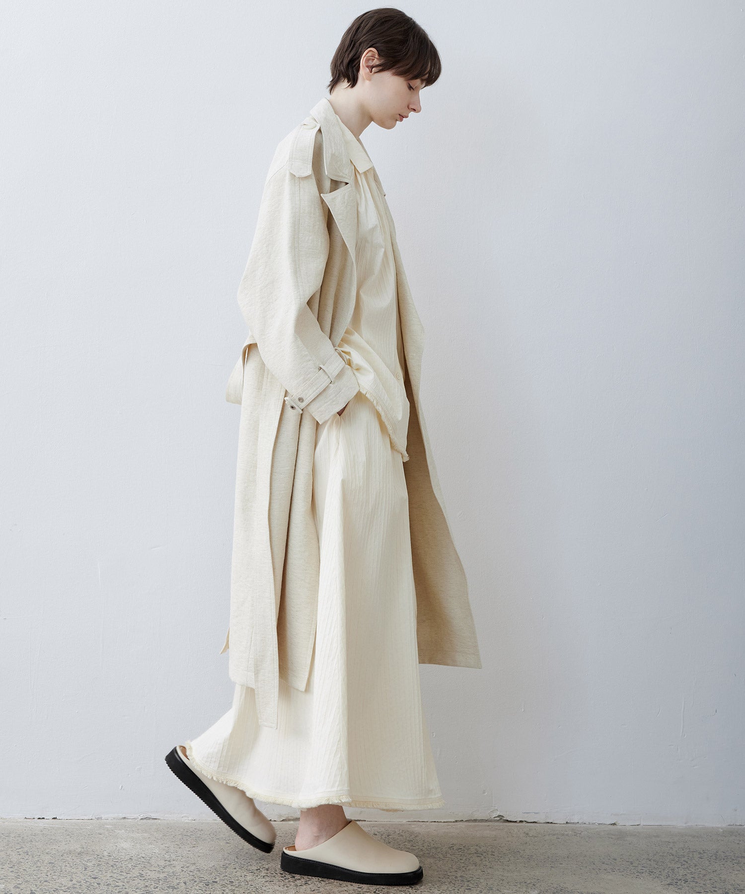 Linen Blend Double-Breasted Long Trench Coat with Epaulettes and Belt