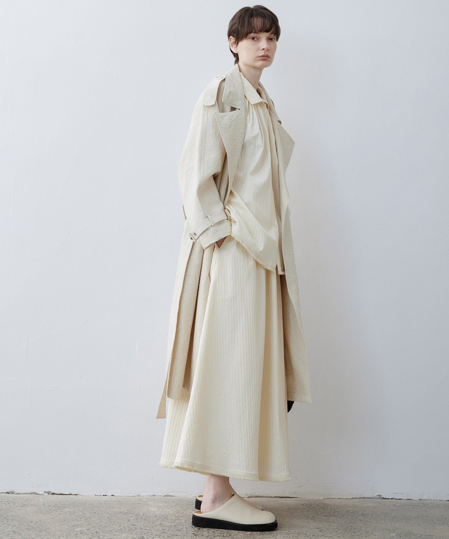 Linen Blend Double-Breasted Long Trench Coat with Epaulettes and Belt