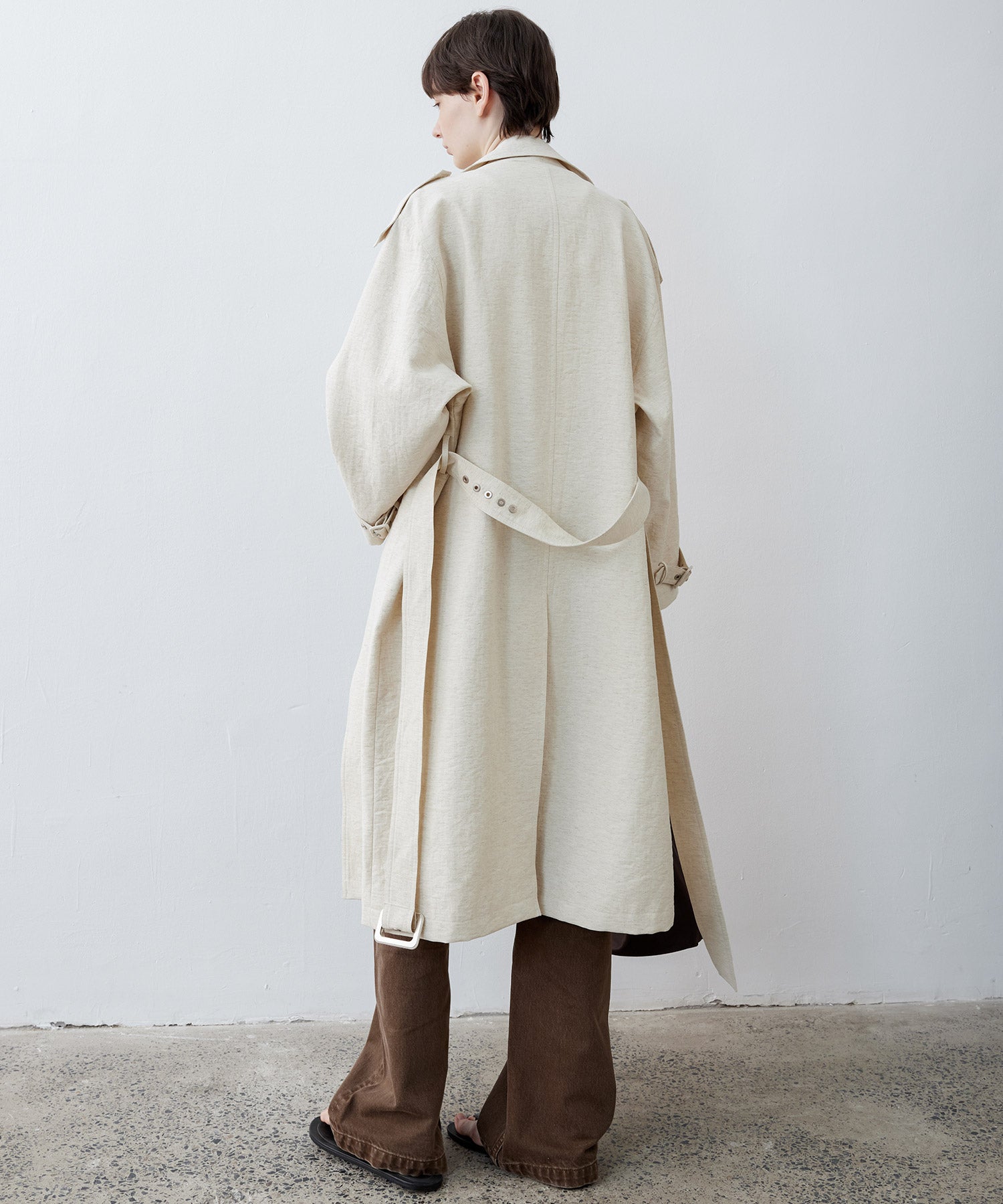 Linen Blend Double-Breasted Long Trench Coat with Epaulettes and Belt