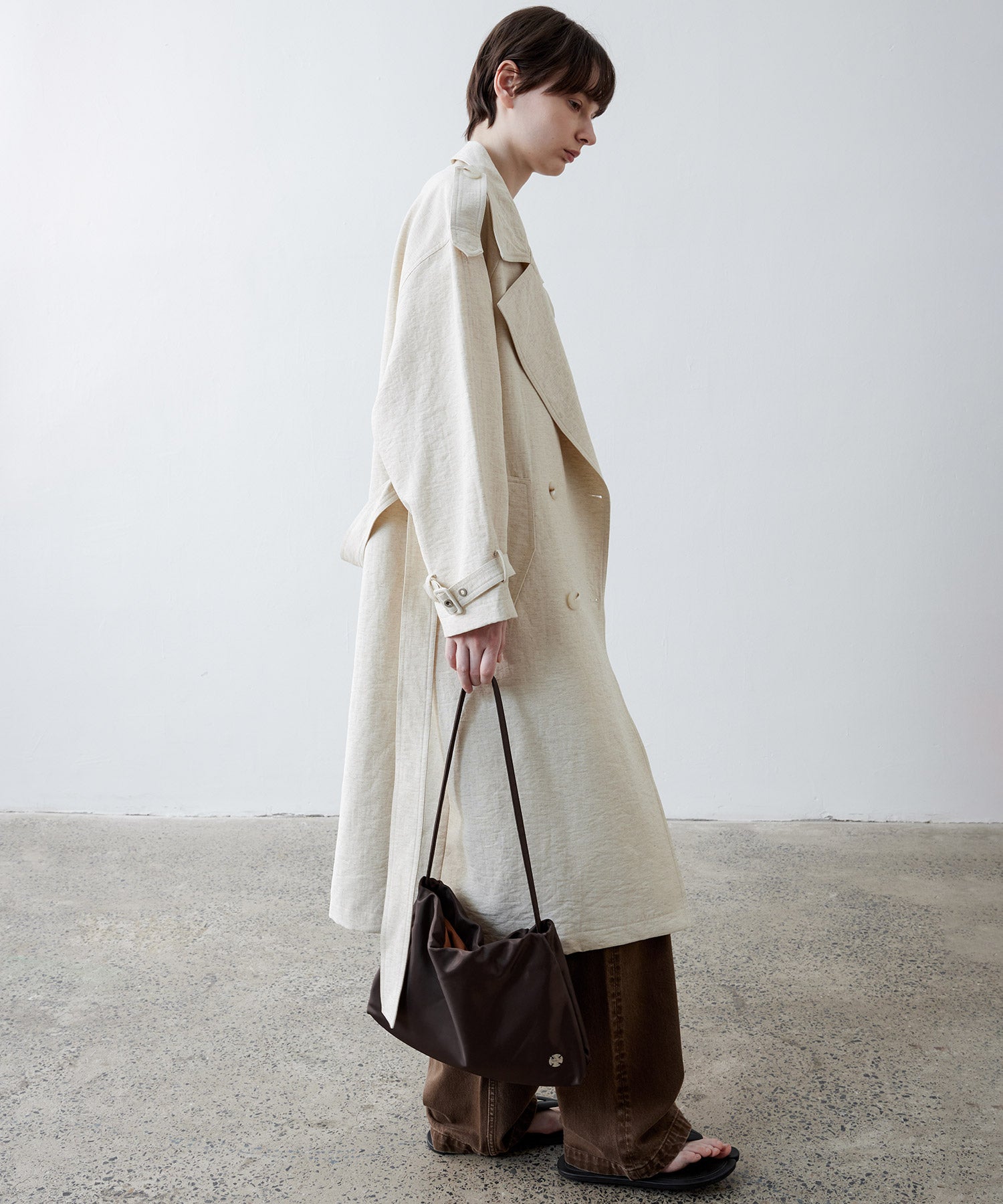 Linen Blend Double-Breasted Long Trench Coat with Epaulettes and Belt