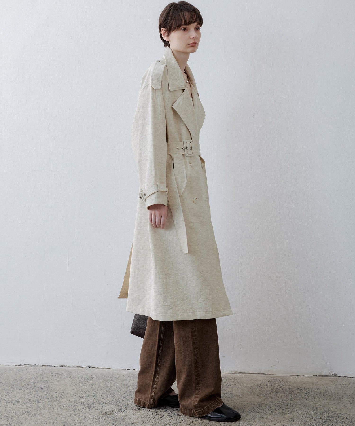 Linen Blend Double-Breasted Long Trench Coat with Epaulettes and Belt